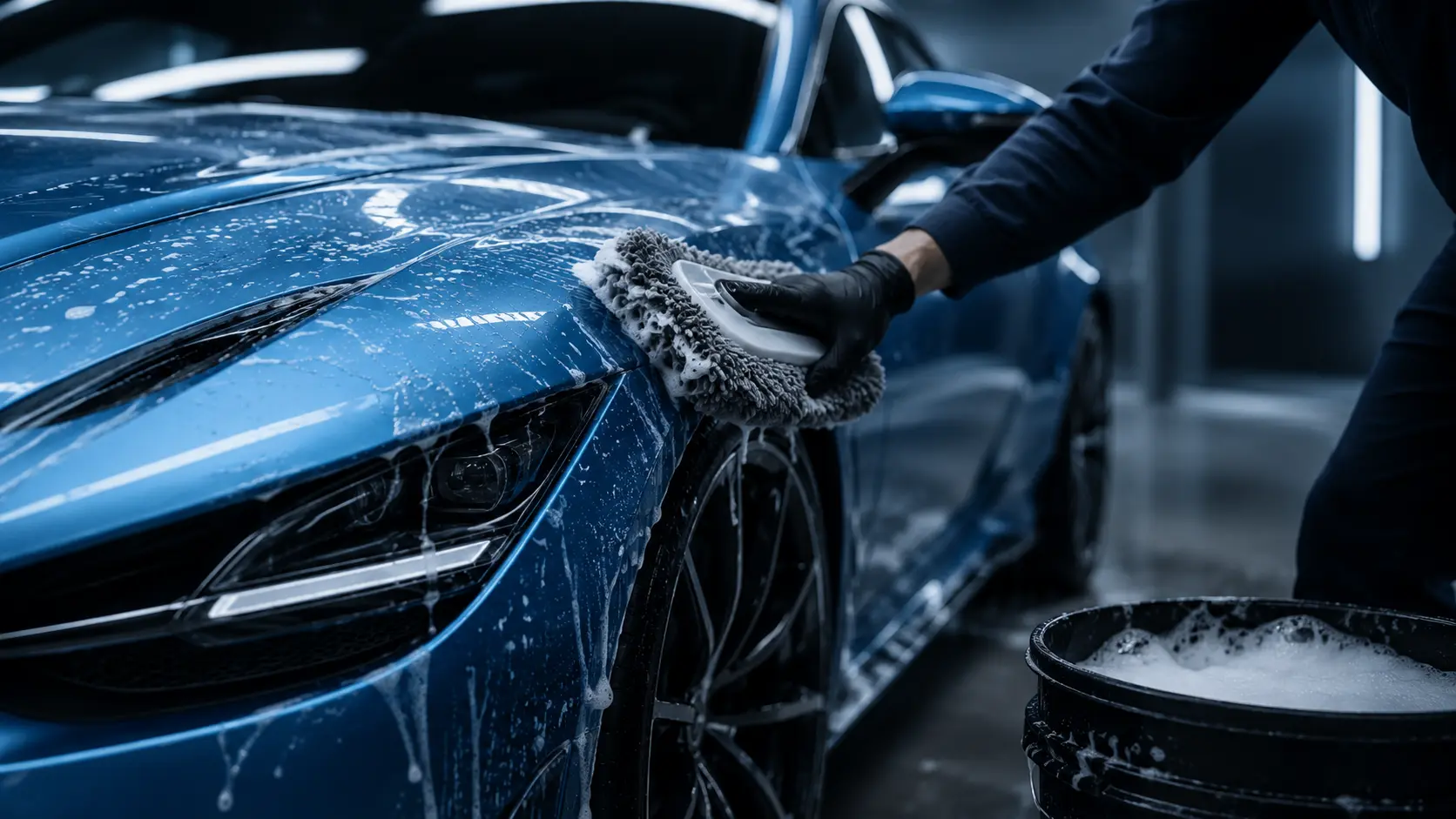 Person cleaning a car with a sponge.