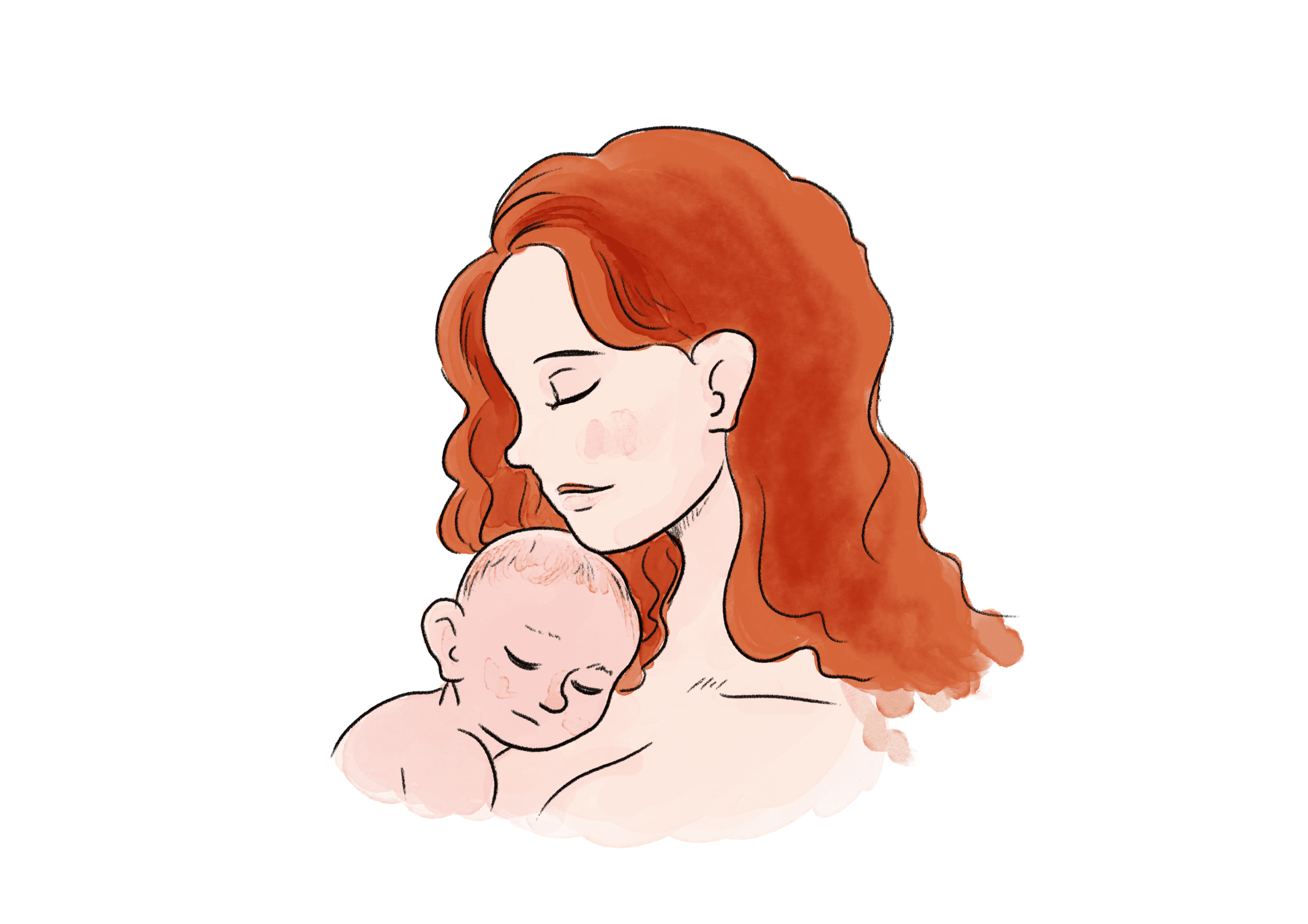 An illustration of a woman holding her baby to her chest. She has red hair and white skin and their expressions are peaceful.