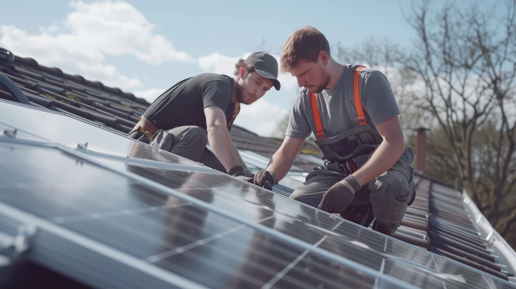 Zwei Techniker montieren sorgfältig Solarpanels auf einem Dach, um die Energieeffizienz zu steigern und die Stromkosten zu senken, im Rahmen einer professionellen Solaranlageninstallation.