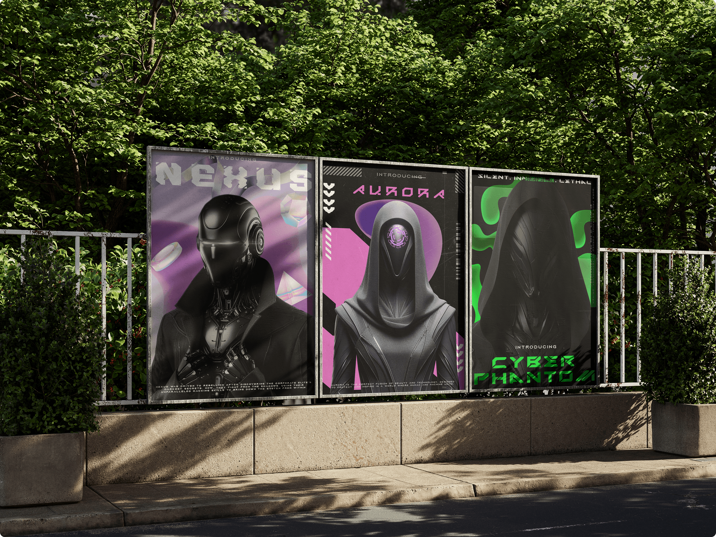 Three campaign posters showing Nexus, Aurora and Cyber Phantom displayed on an outdoor wall.