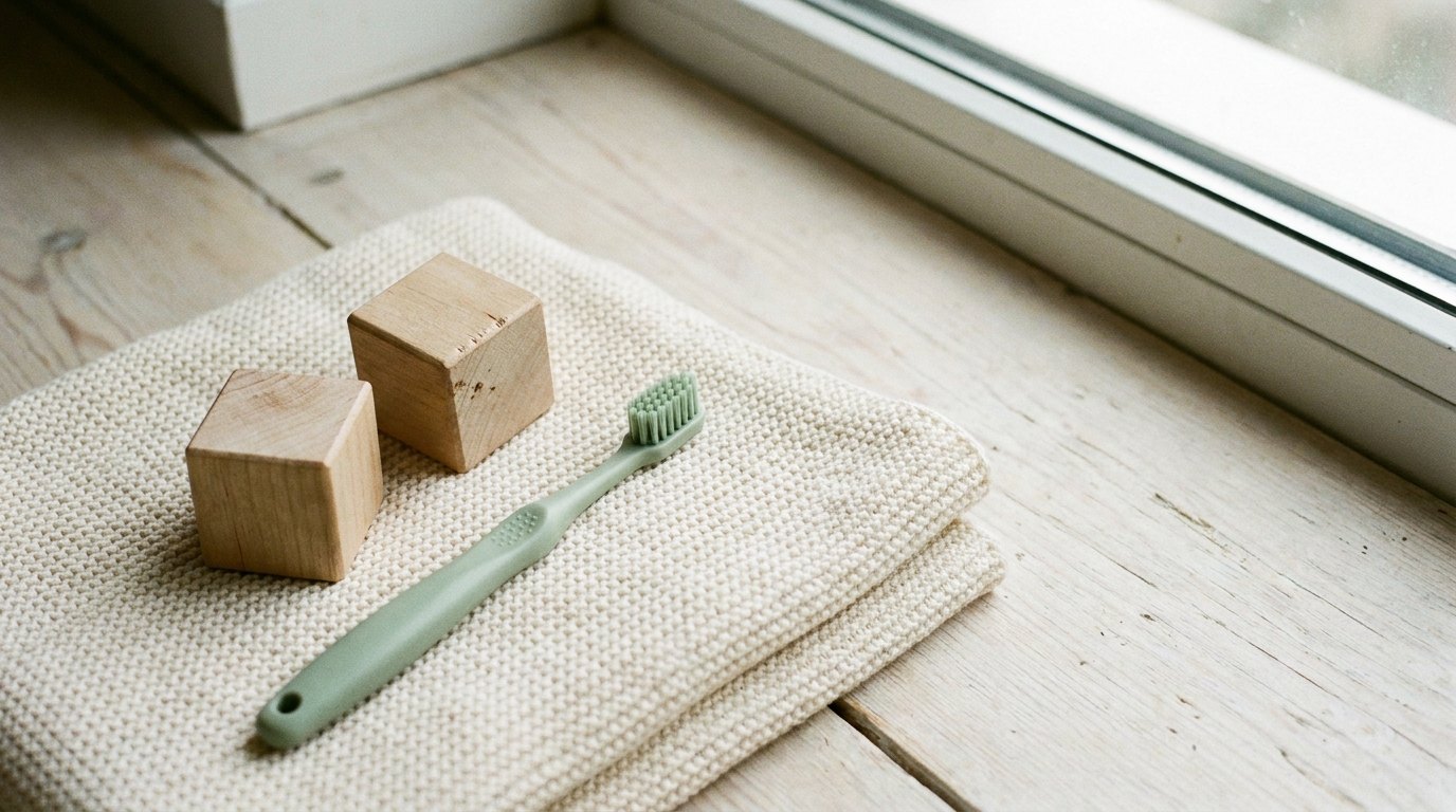 Wooden blocks and a child-size toothbrush on a folded blanket
