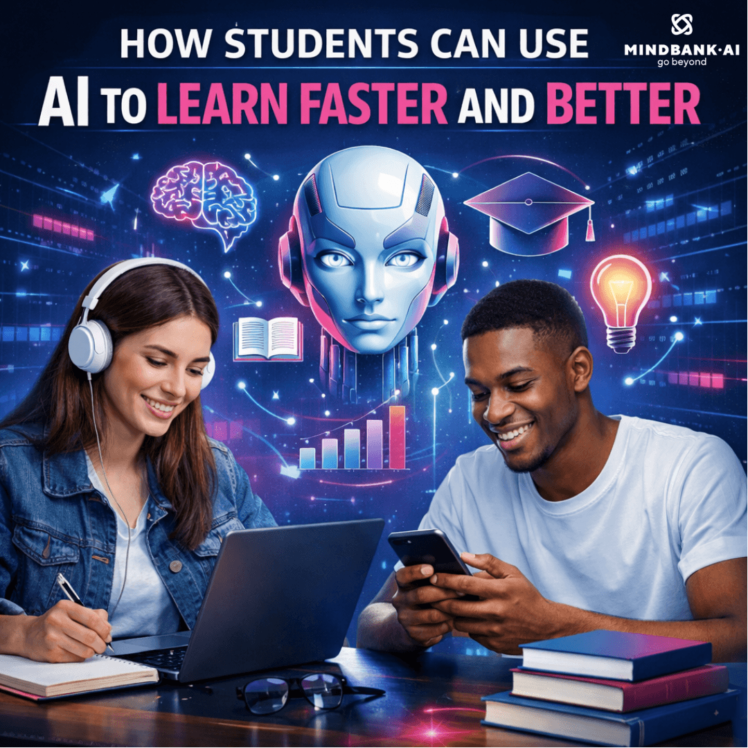 AI assistant helping students learn faster using digital learning tools, showing personalized learning, study optimization, and AI-powered education support