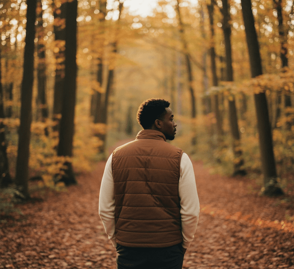 Man in a brown vest turning over his shoulder on a leaf-covered forest trail. Autumn colors and soft film texture. Symbolizes understanding the history of pain and mindful physical therapy in Oak Park