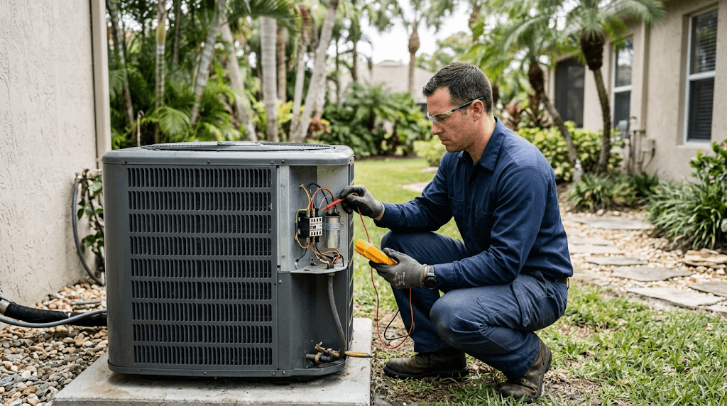 HVAC technician testing an outdoor AC unit's electrical components with a multimeter