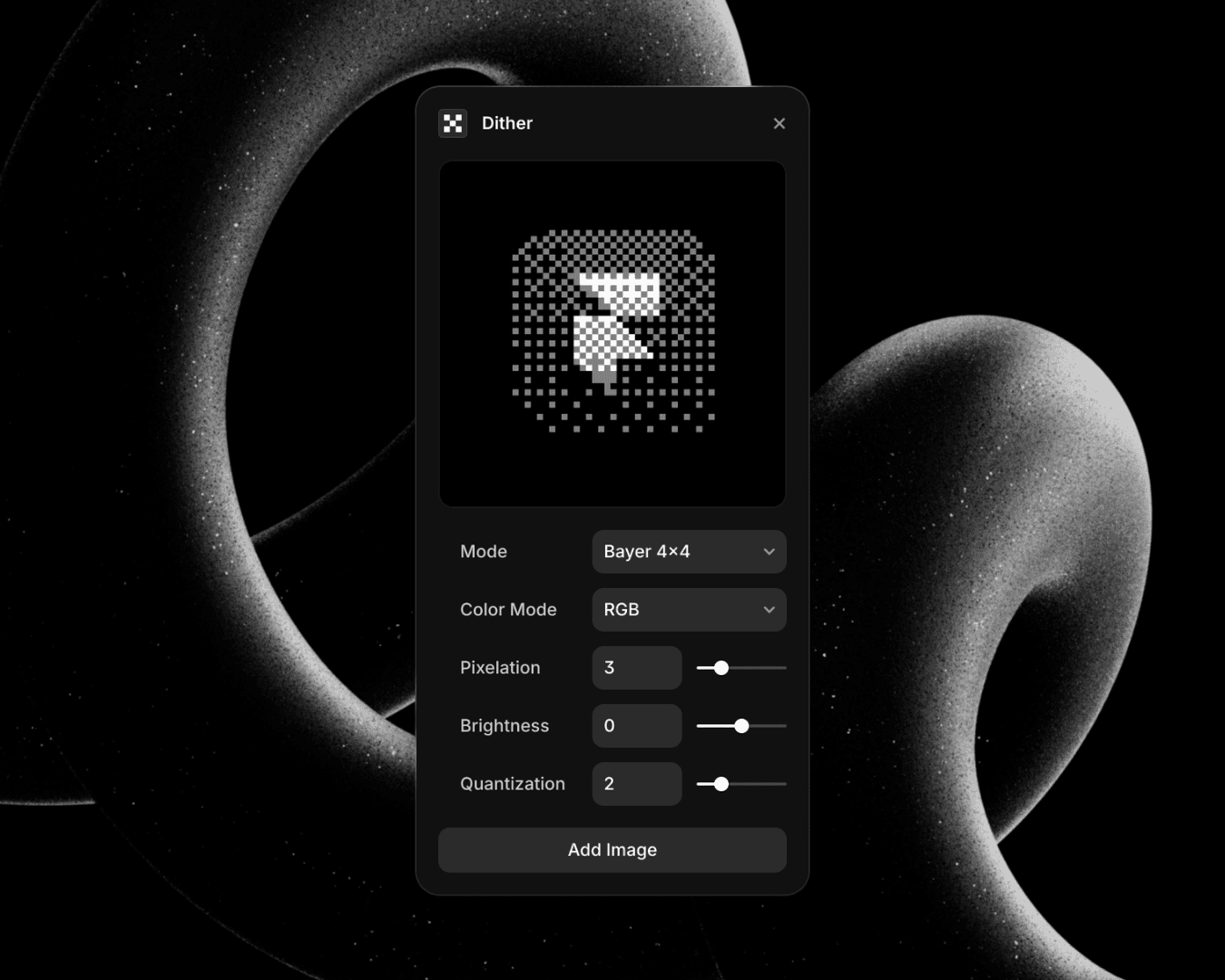 Dark mode dither tool interface with Bayer 4x4 settings and pixelated preview