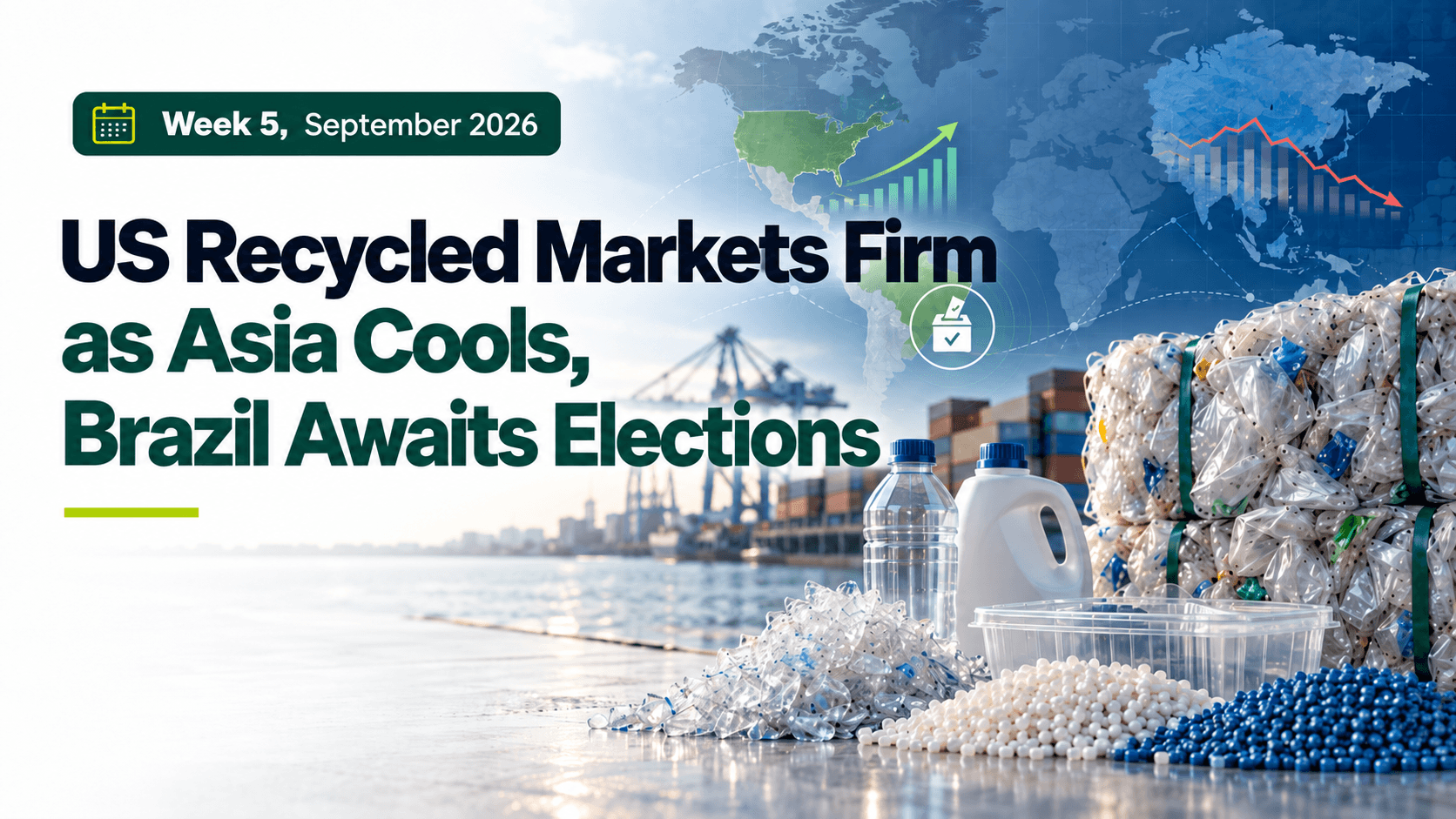 Recycled PET, HDPE and LDPE bales and pellets at a shipping port, illustrating US recycled markets firming as Asia cools and Brazil awaits elections – Week 5, September 2026