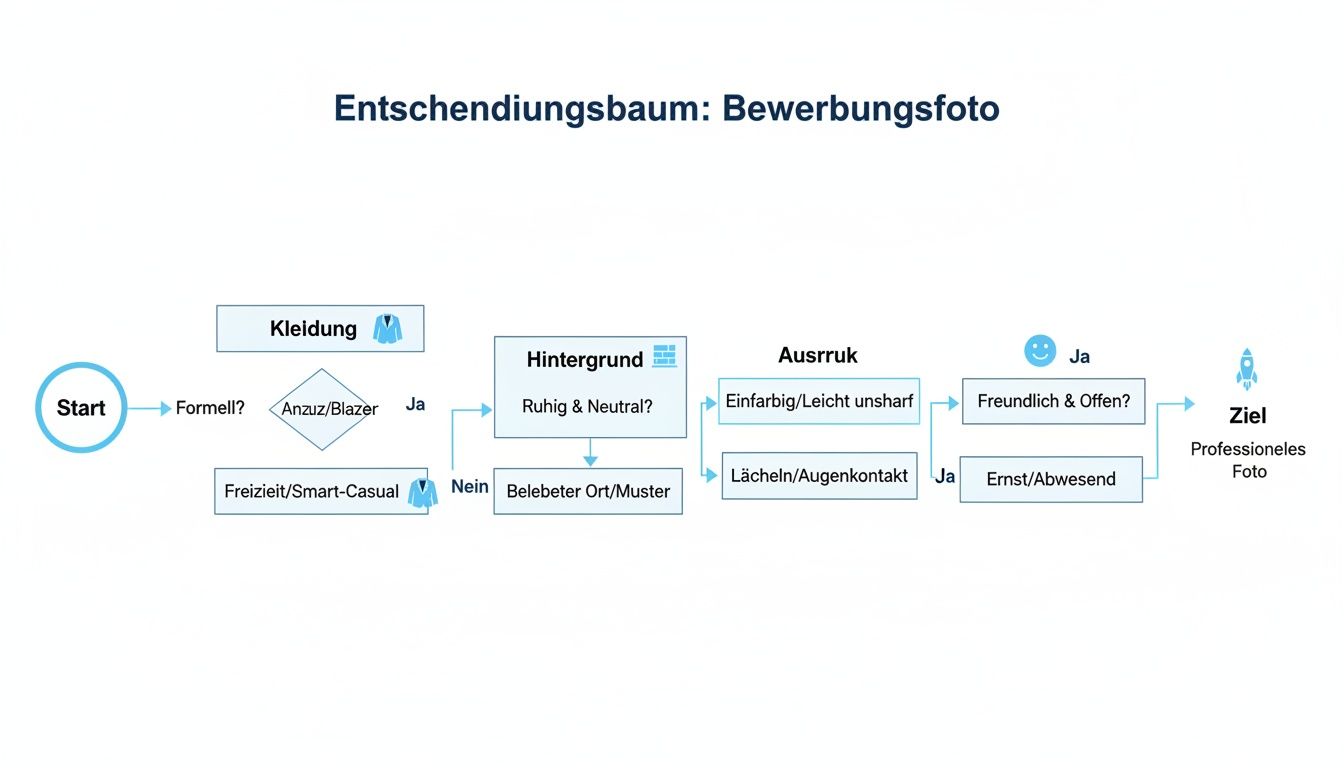 Entscheidungsbaum für ein professionelles Bewerbungsfoto mit Schritten zu Kleidung, Hintergrund und Ausdruck.
