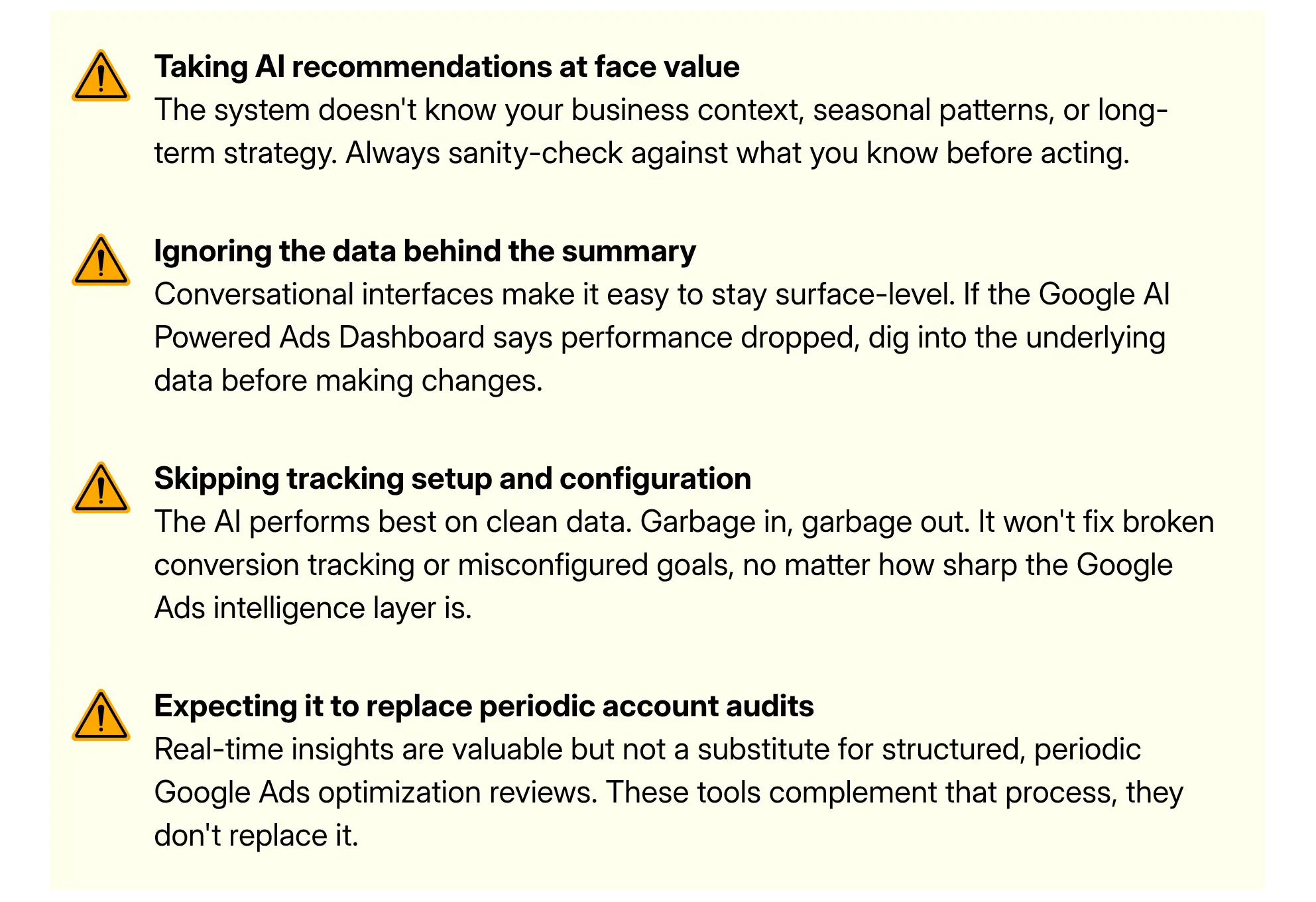 List of four common mistakes to avoid when using AI dashboards, paired with warning icons