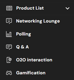 Event web app features includes product list, networking lounge, polling, Q&A, O2O integration, gamification.