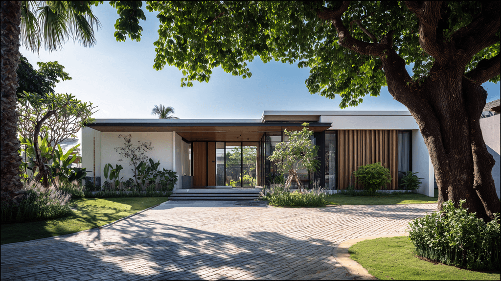 The front exterior of a contemporary minimalist house. The architecture features clean horizontal lines, a flat roof with a wooden overhang, and large glass windows. A wide stone-paved driveway leads to the entrance. A massive, mature tree in the foreground casts soft shadows over the lawn and driveway, while tropical plants line the base of the white building.