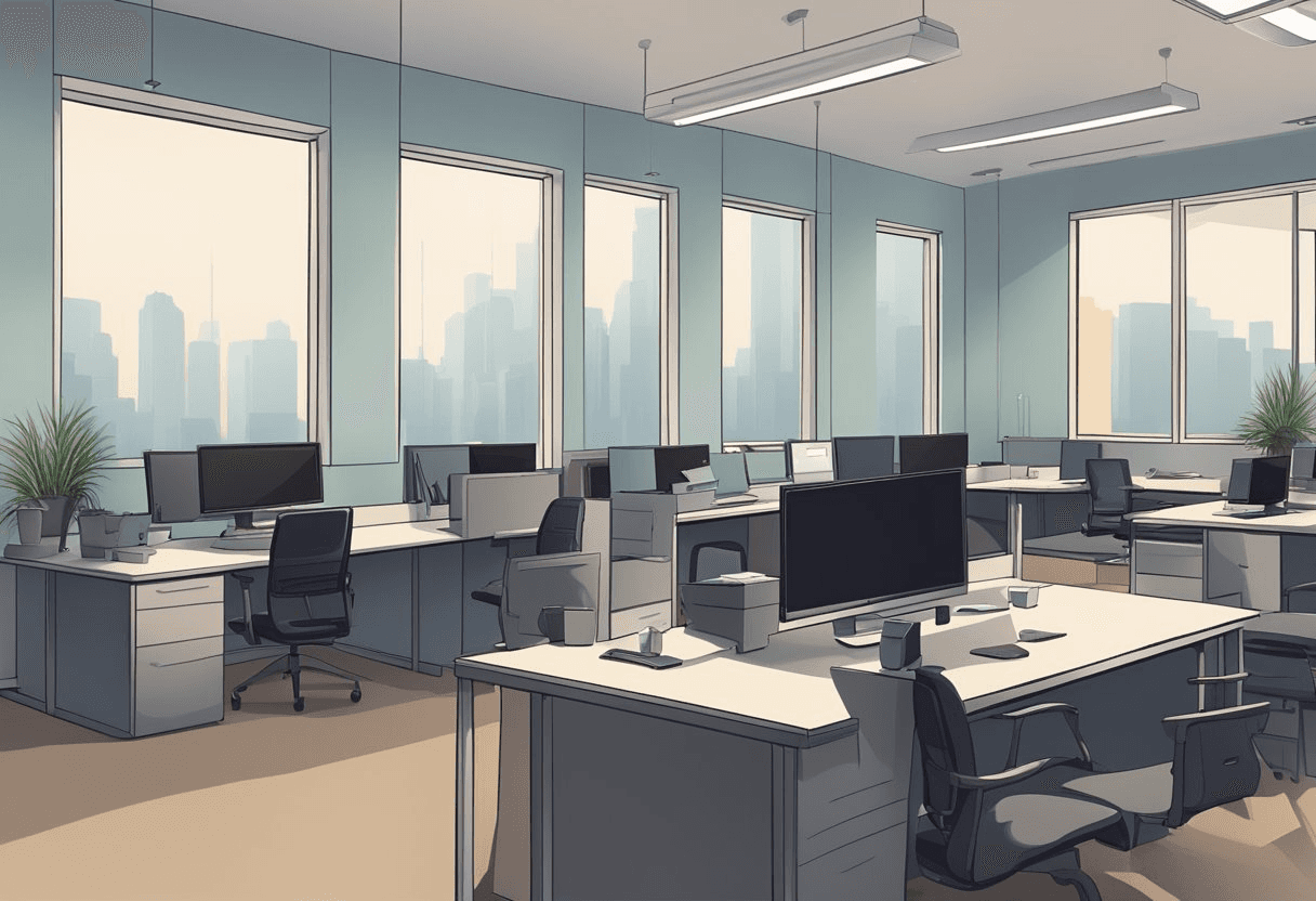 An empty office space with darkened desks and unoccupied chairs, a sense of stillness and vacancy hanging in the air