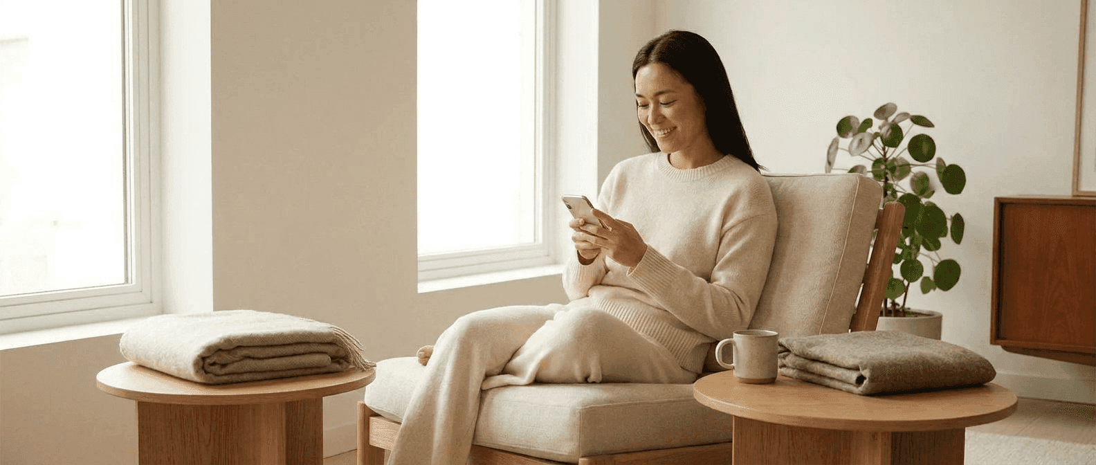 patient sitting on a couch, texting on her phone