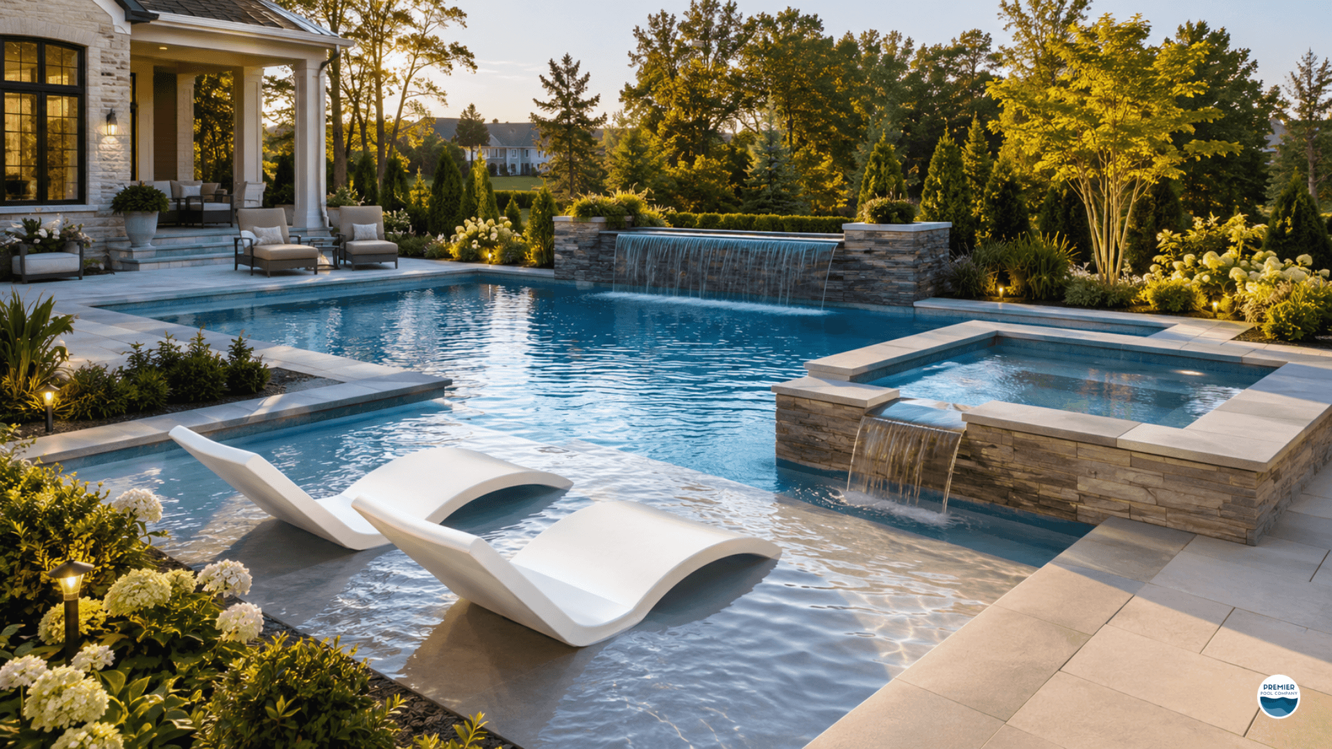 Luxury fiberglass swimming pool featuring tanning ledge spa waterfall and premium backyard upgrades