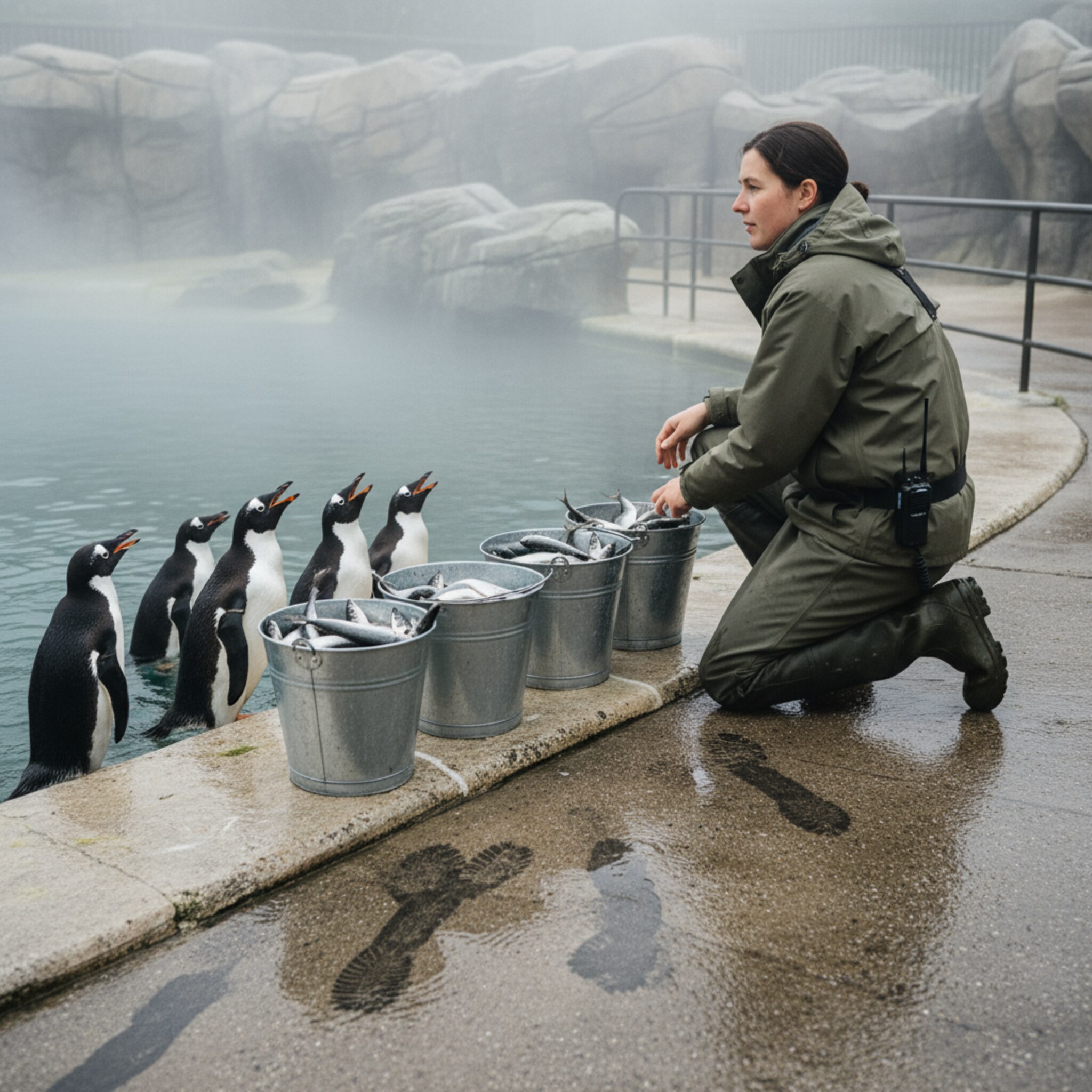 Früher Morgen hinter den Kulissen: Ein Tierpfleger arrangiert silberne Eimer mit Fisch neben dem Pinguinbecken. Nebel hängt flach über dem Wasser, die Vögel watscheln erwartungsvoll zur Kante. Ein Funkgerät steckt am Gürtel, Gummistiefel hinterlassen dunkle Spuren auf dem nassen Boden, alles bereit für die Fütterung.