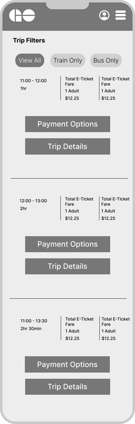 List of trip options showing time ranges, fare amounts, and buttons for Payment Options and Trip Details.
