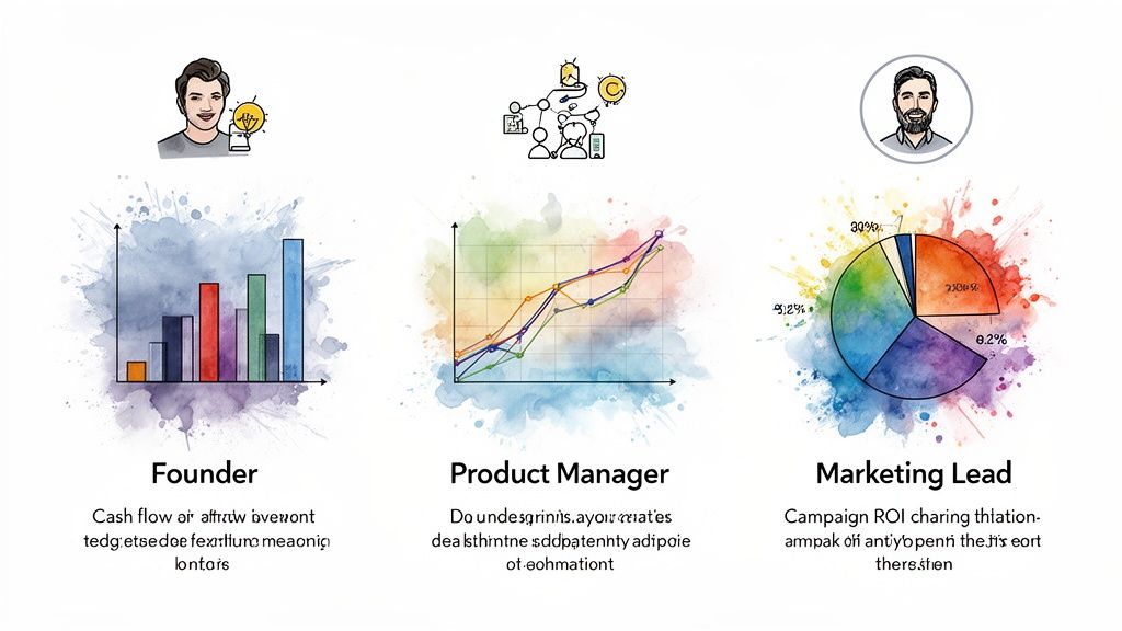 Three business roles: Founder, Product Manager, Marketing Lead, with data visualizations.