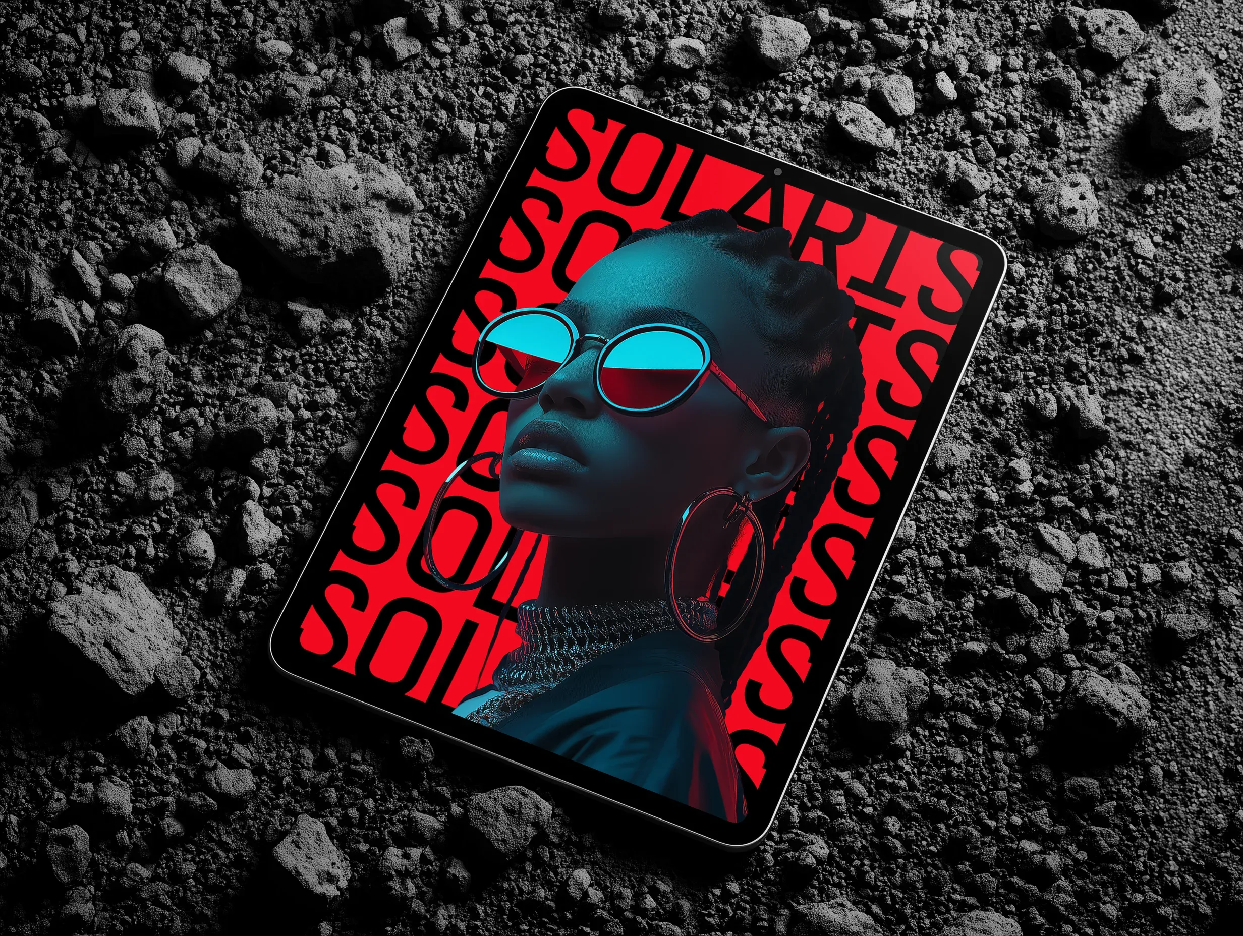 iPad displaying a magazine-style cover featuring a woman in sunglasses on a dark textured surface