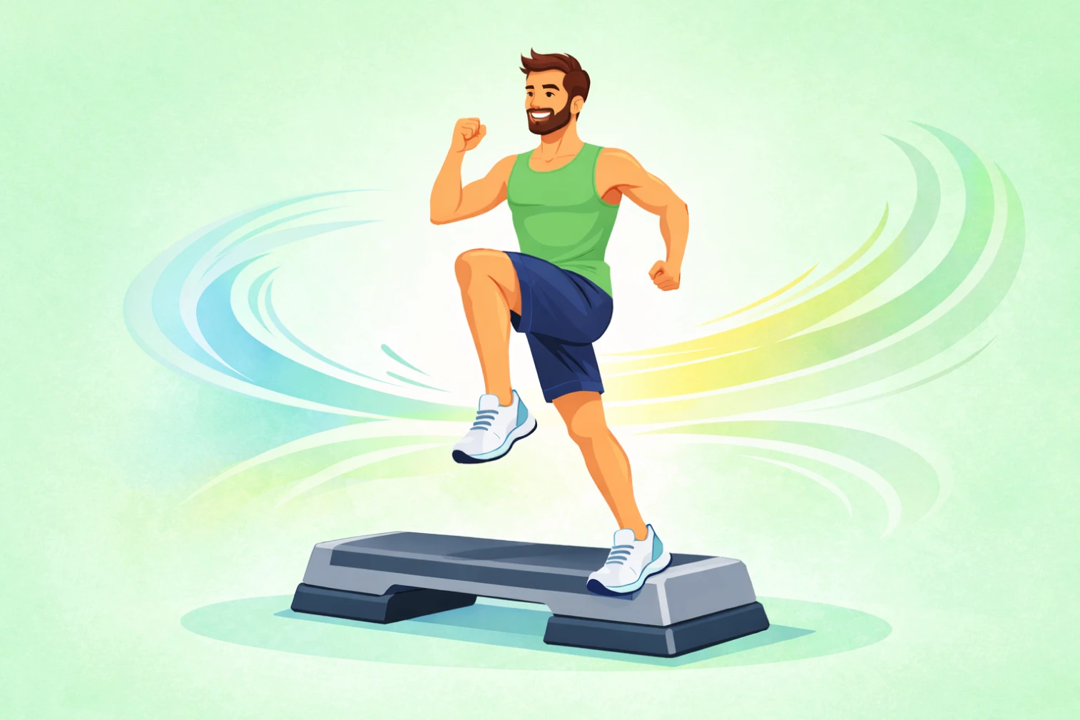 A man with one foot on the step block and one knee in the air