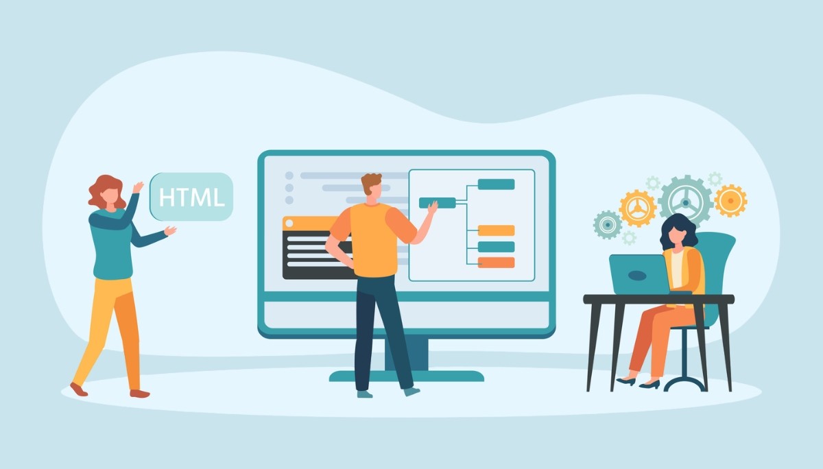Illustration of three people collaborating on web development tasks, with HTML code, flowcharts, and gear icons.