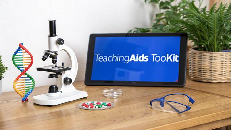 A science education desk with a microscope, DNA model, tablet, and colorful beads.