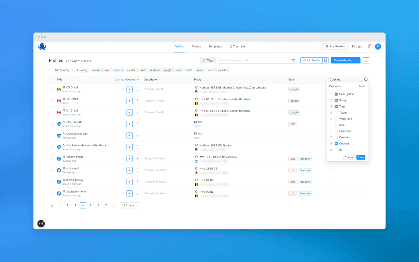 Octo Browser interface and Profile List customization options