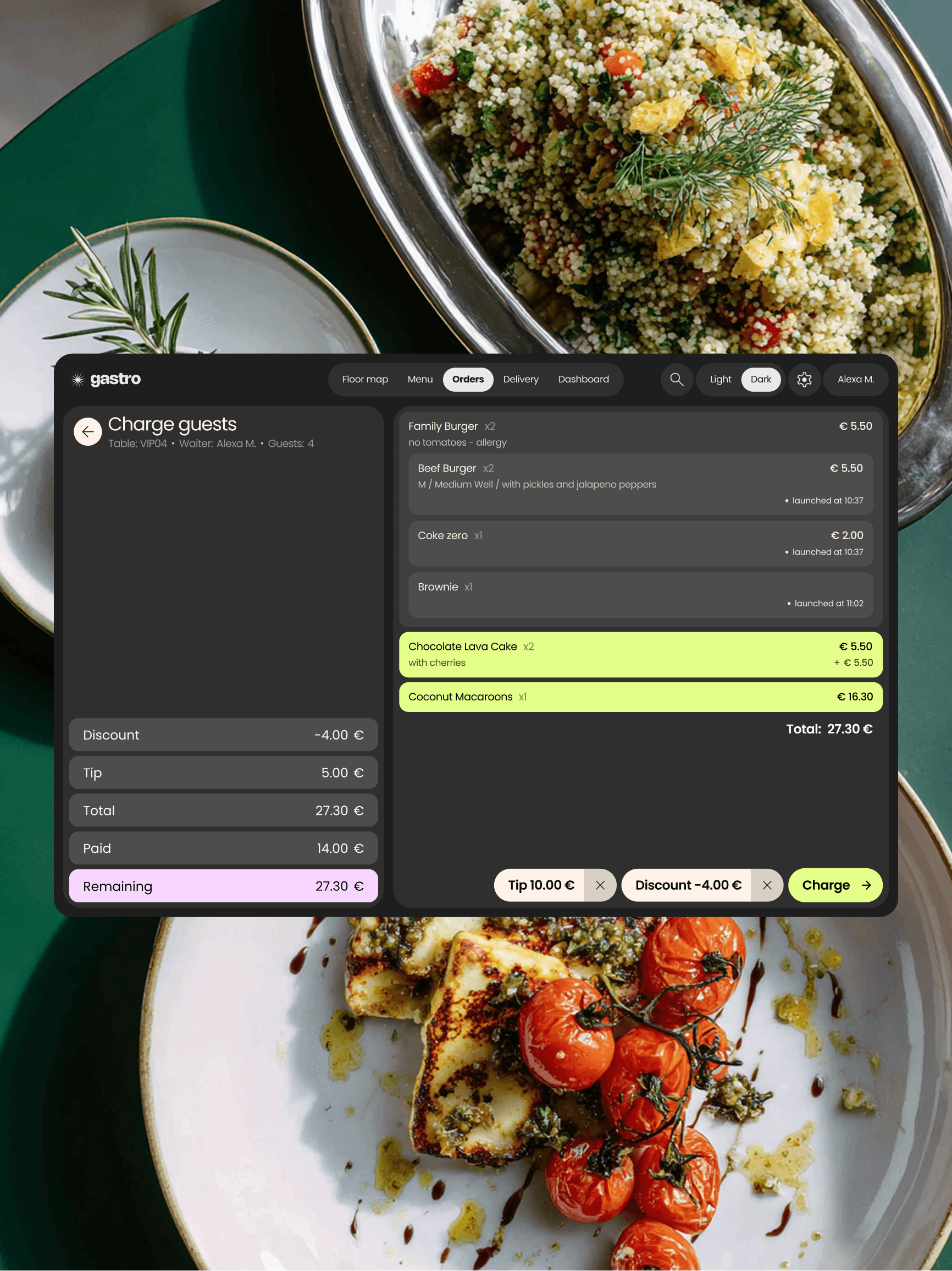 A restaurant point of sale screen showing payment view, on top of a picture showing food on a table.