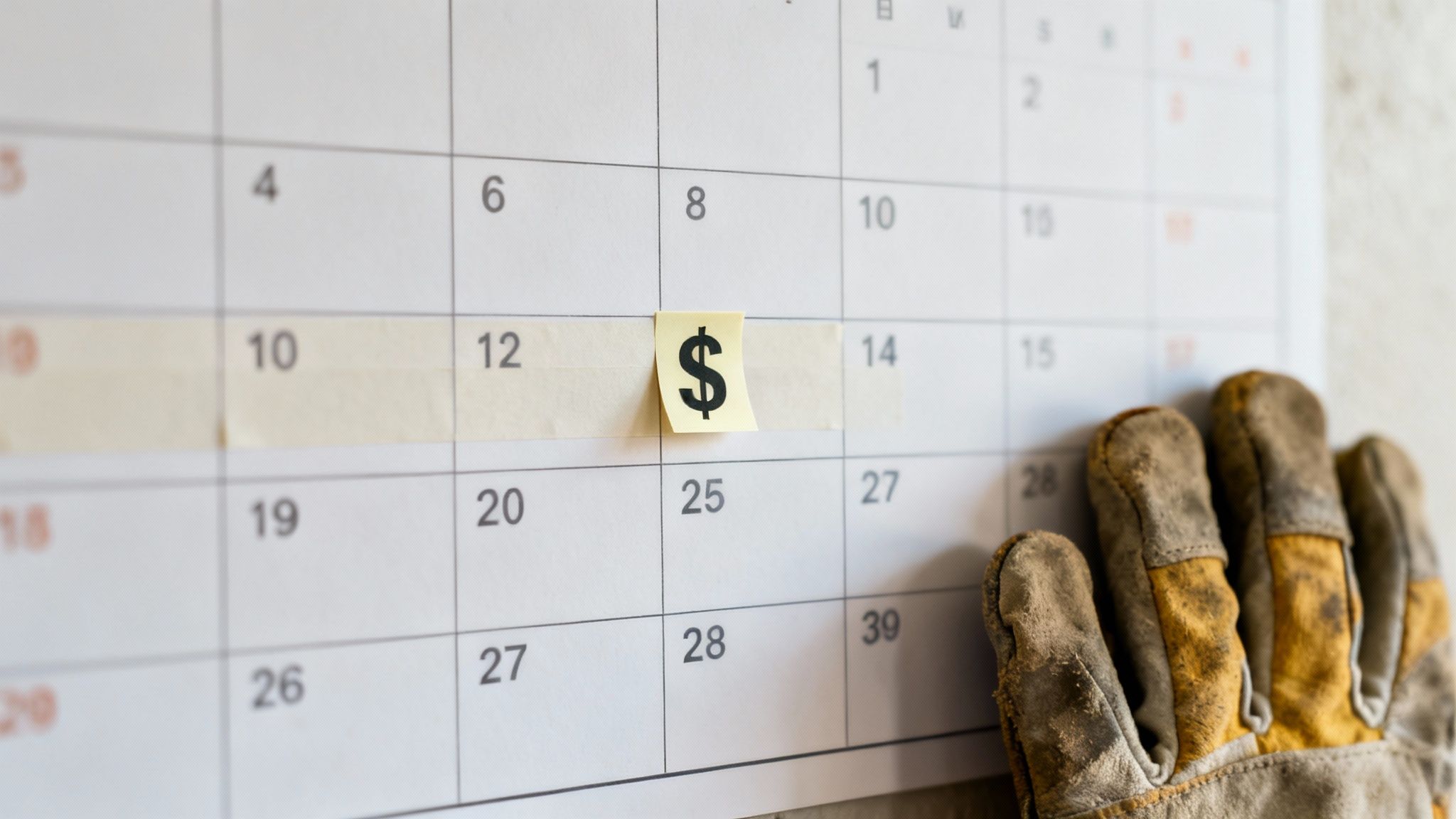 A calendar showing a dollar sign sticky note on the 13th, next to a worn work glove.