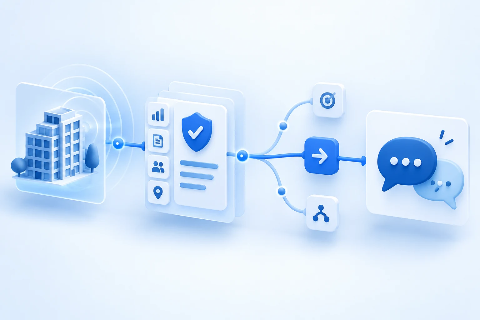 Abstract signal-based selling workflow showing a company event moving through verified evidence and decision routing to a sales conversation.