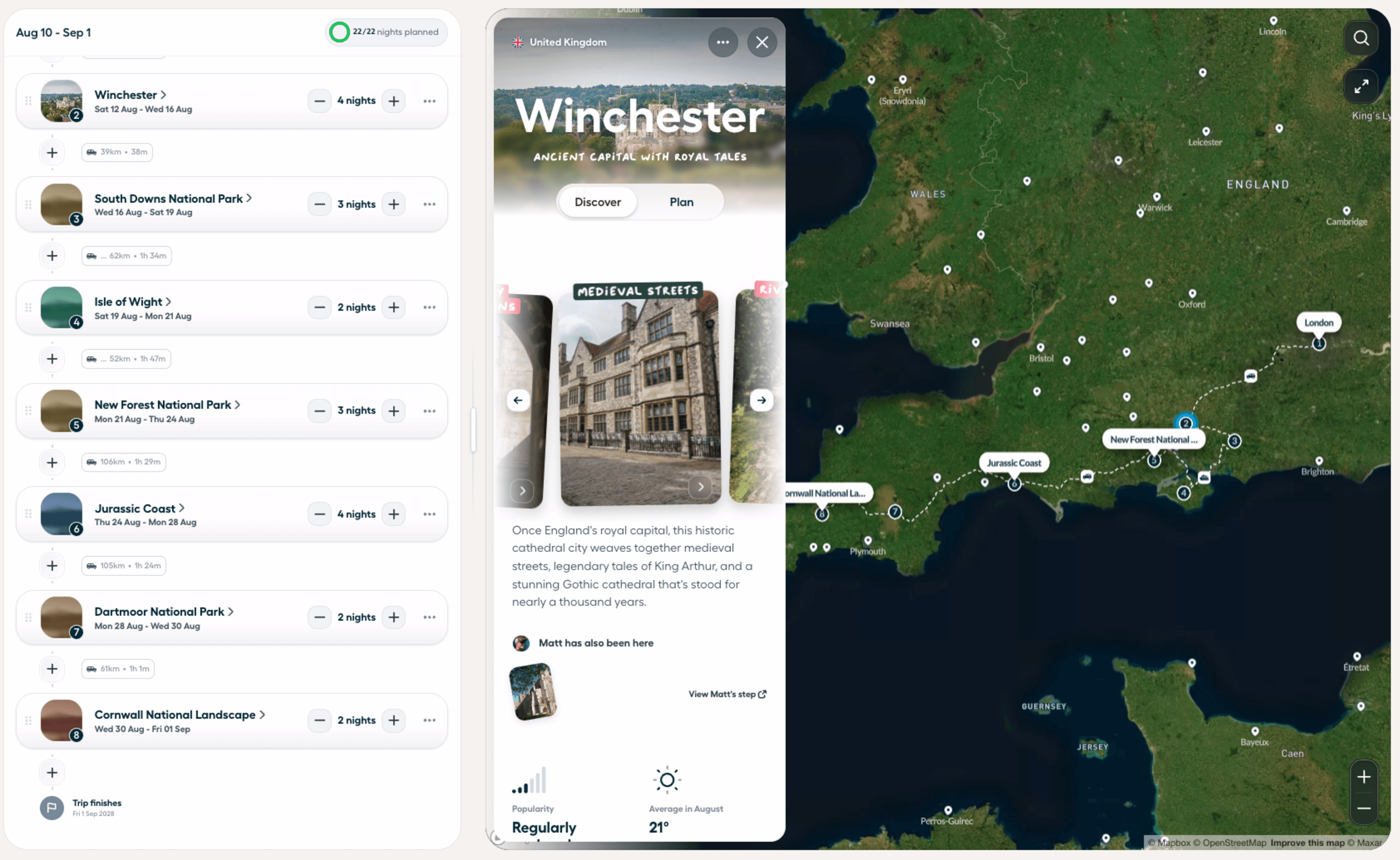 Polarsteps Trip Planner mapping a route from London through southern England and the Jurassic Coast, with destination recommendations and an interactive map.