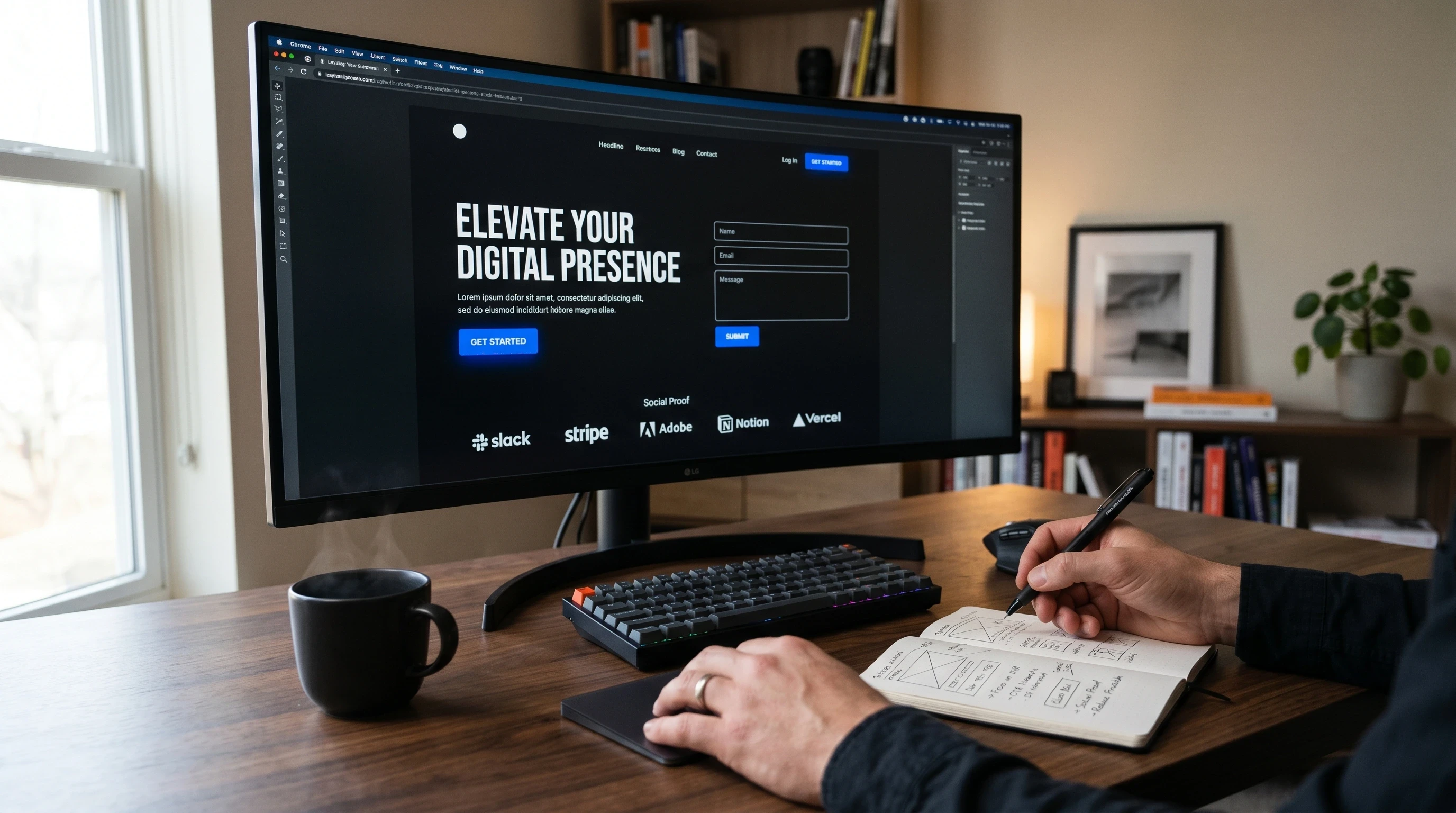 Designer construindo landing page de alta conversão com hero section, formulário e prova social em monitor ultrawide