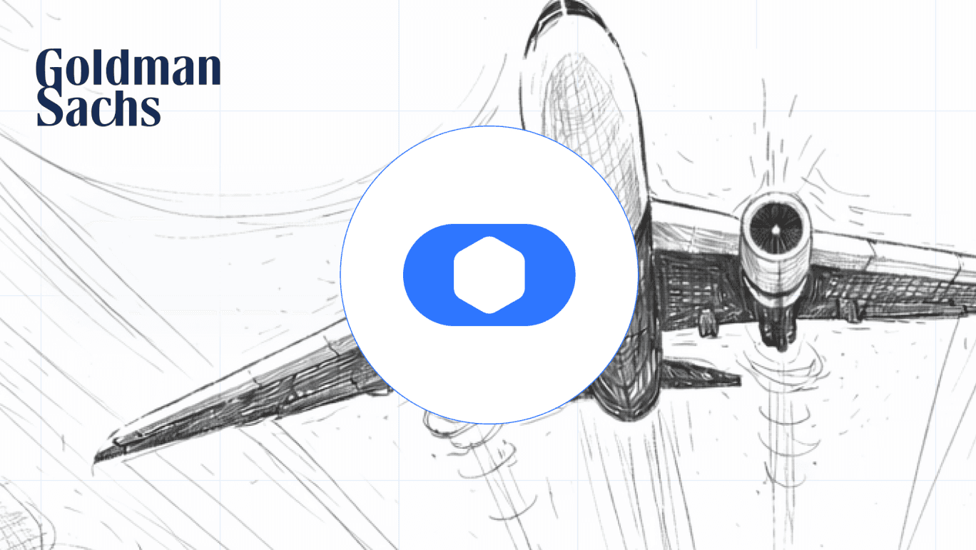 Illustrated airplane taking off, viewed from below, with dynamic lines depicting motion. Goldman Sachs logo in the corner and a blue hexagon in the center.