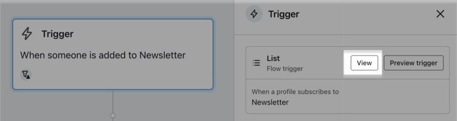 List-Based Triggers.jpg: "Klaviyo flow setup showing a list-based trigger when a profile subscribes to a newsletter list."