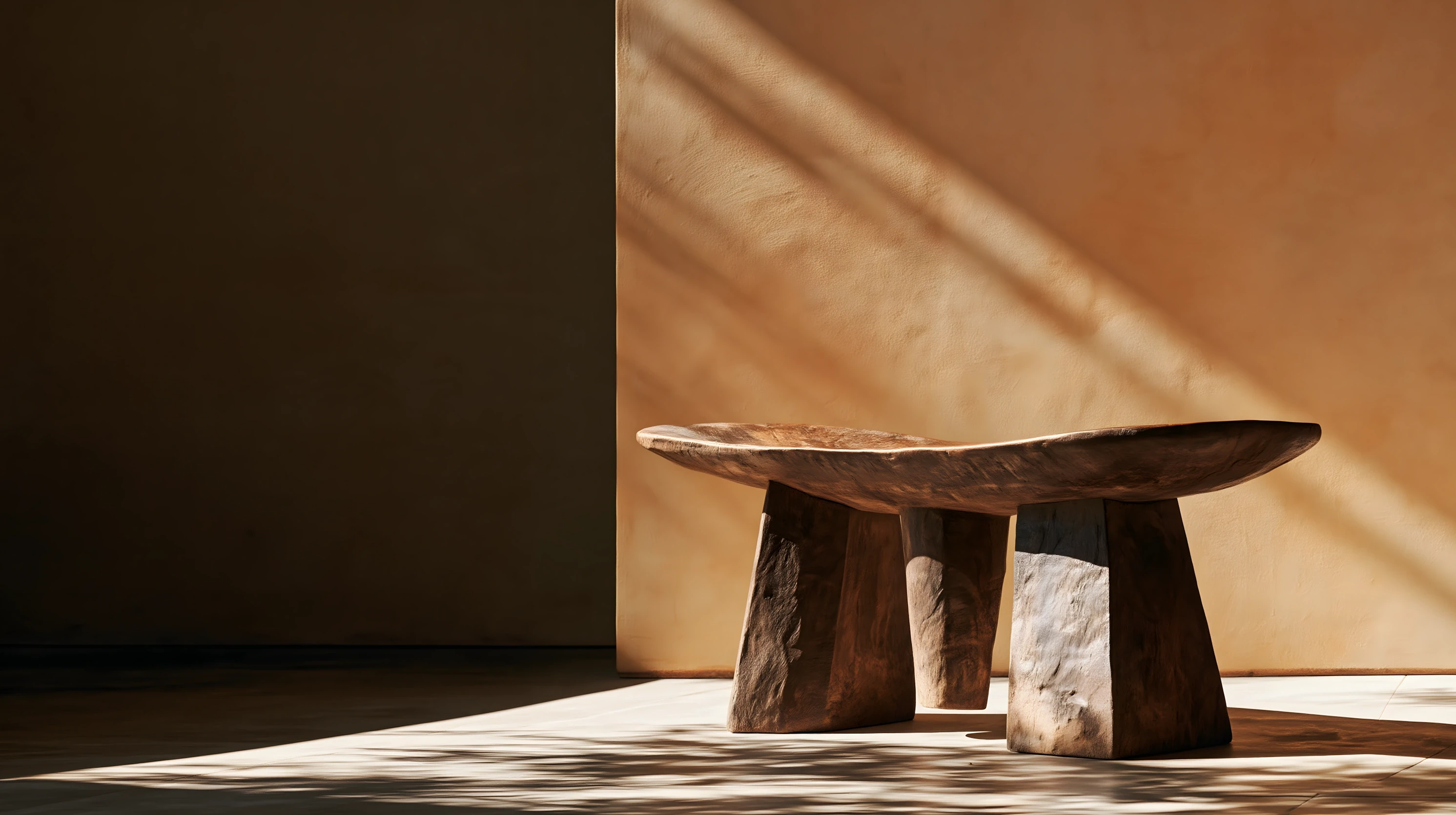 Carved wooden stool on a plain floor, lit by a single shaft of raking daylight