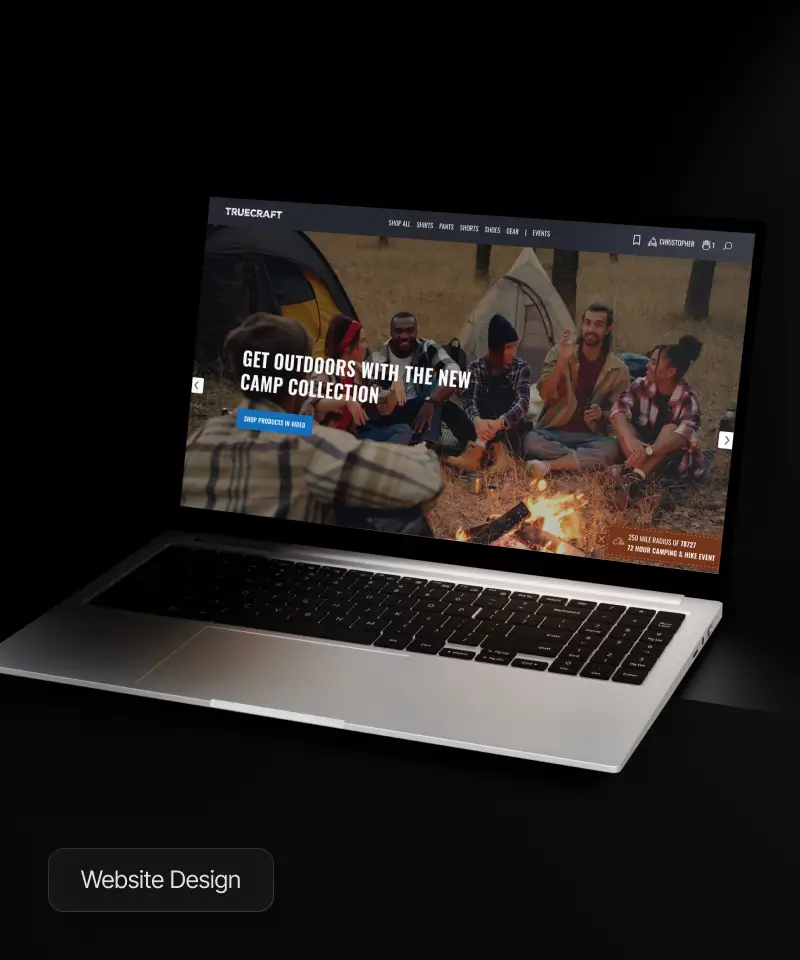 TrueCraft digital identity and website design case study showing a modern outdoor camping e-commerce site on a laptop.