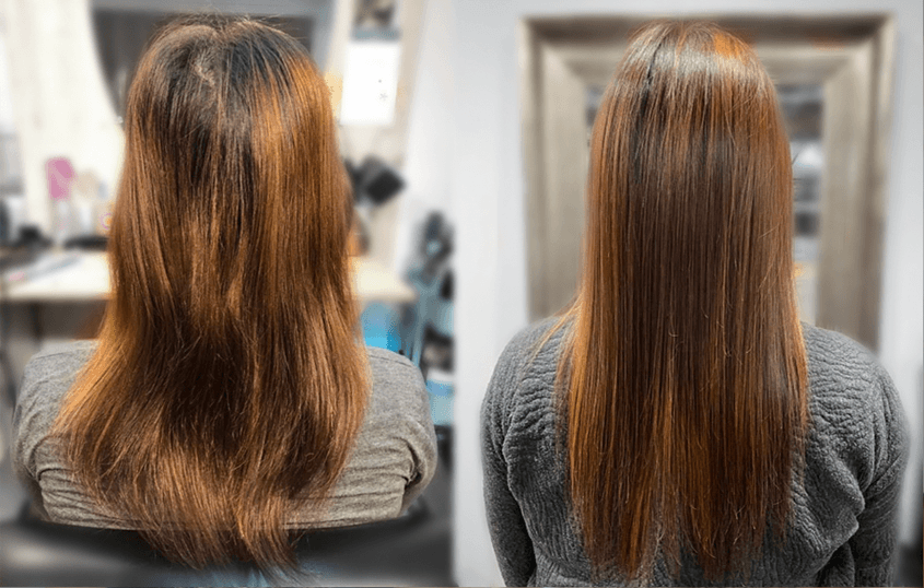 Before-and-after comparison of long brown hair after three months of PureFlow use, showing a previously persistent sleep-related cowlick greatly reduced and hair that appears smoother, straighter, and more uniform from roots to ends.
