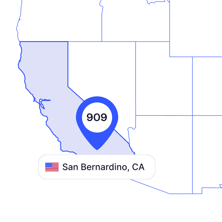 US map of 909 area code phone numbers and its coverage region