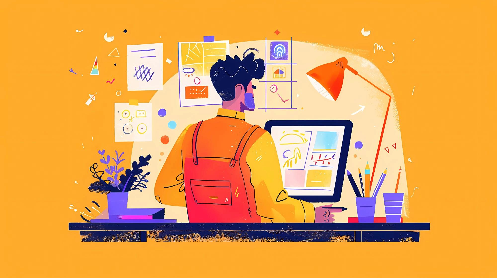 A colorful vector illustration of a designer working at a desk with a computer, surrounded by sketches, pencils, and creative artwork on the wall, representing creativity and digital illustration design in a bright orange workspace.