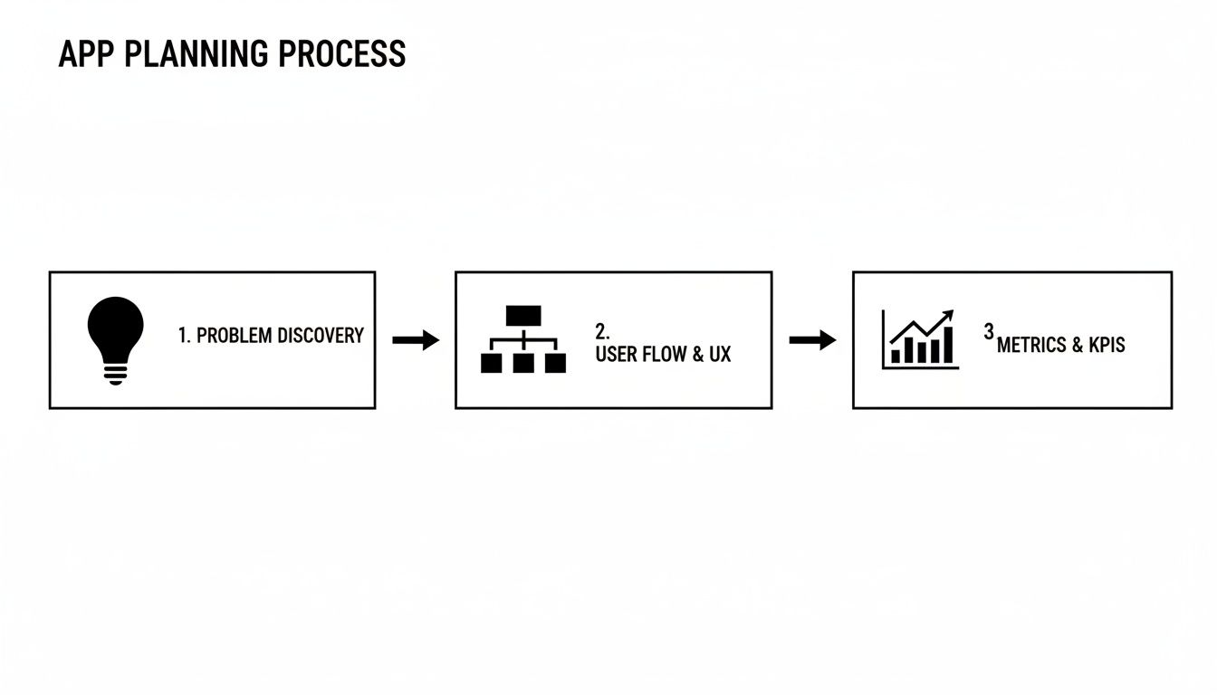 A flowchart outlining the app planning process, including Problem Discovery, User Flow & UX, and Metrics & KPIs stages.