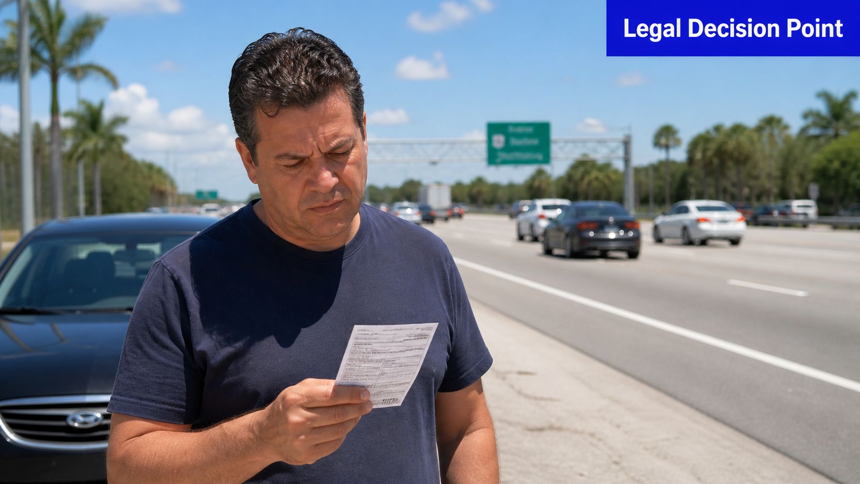 A man in a dark t-shirt reads a paper citation while standing beside his car on a highway.