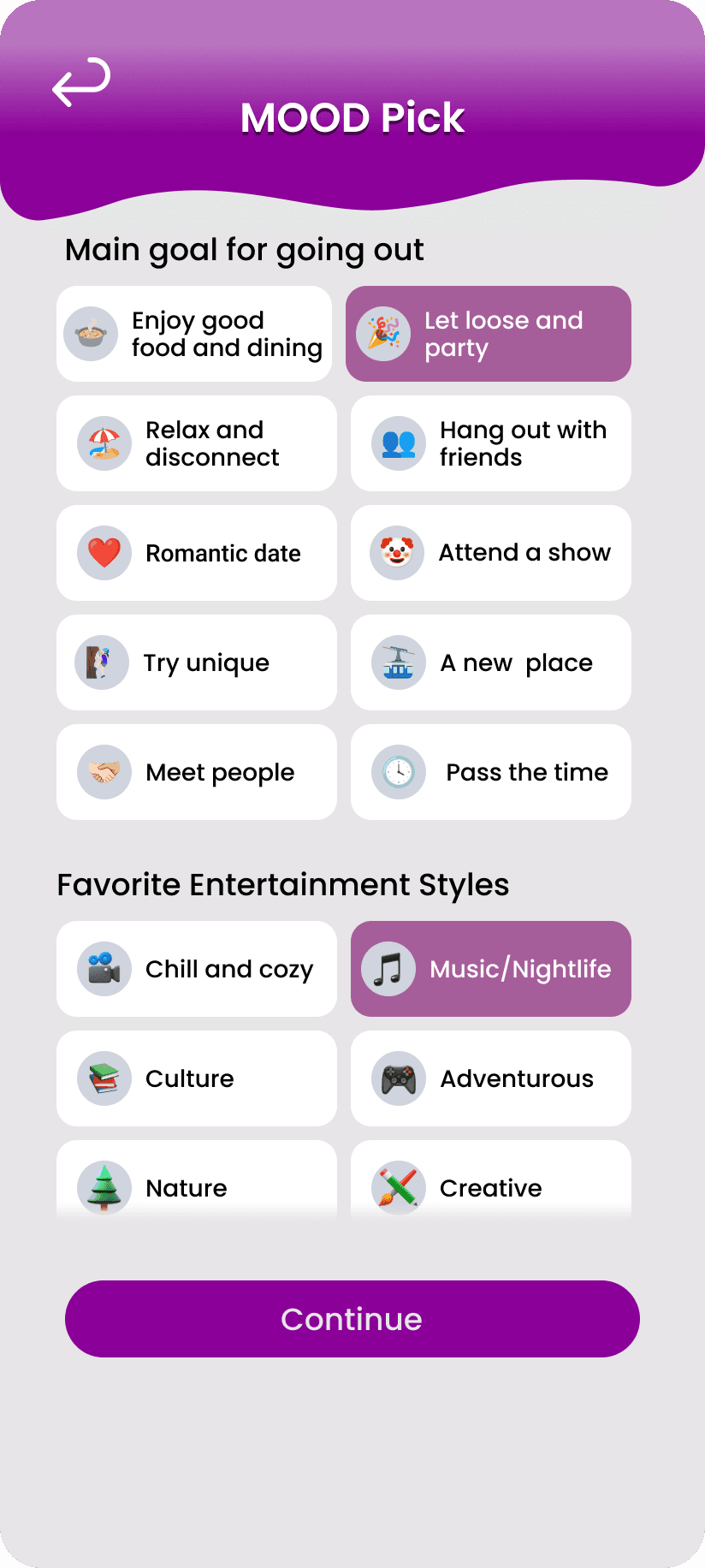 Mood pick screen