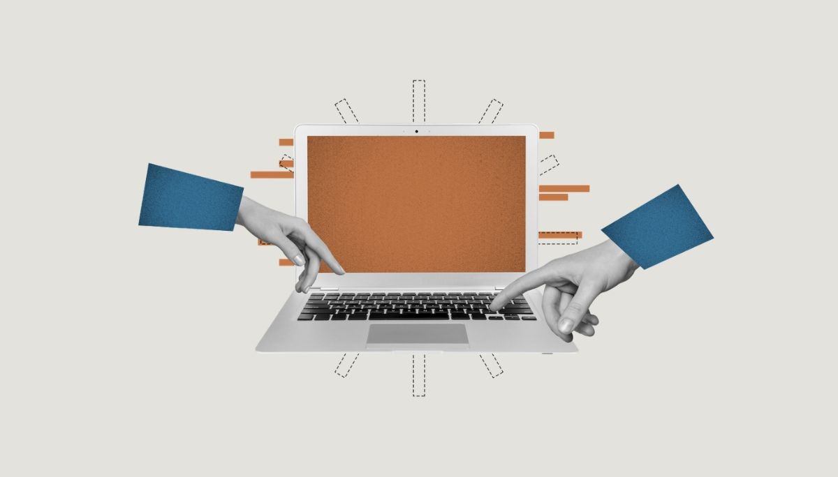 Hands interacting with laptop and abstract digital shapes, symbolizing computer management tools and safe system settings.