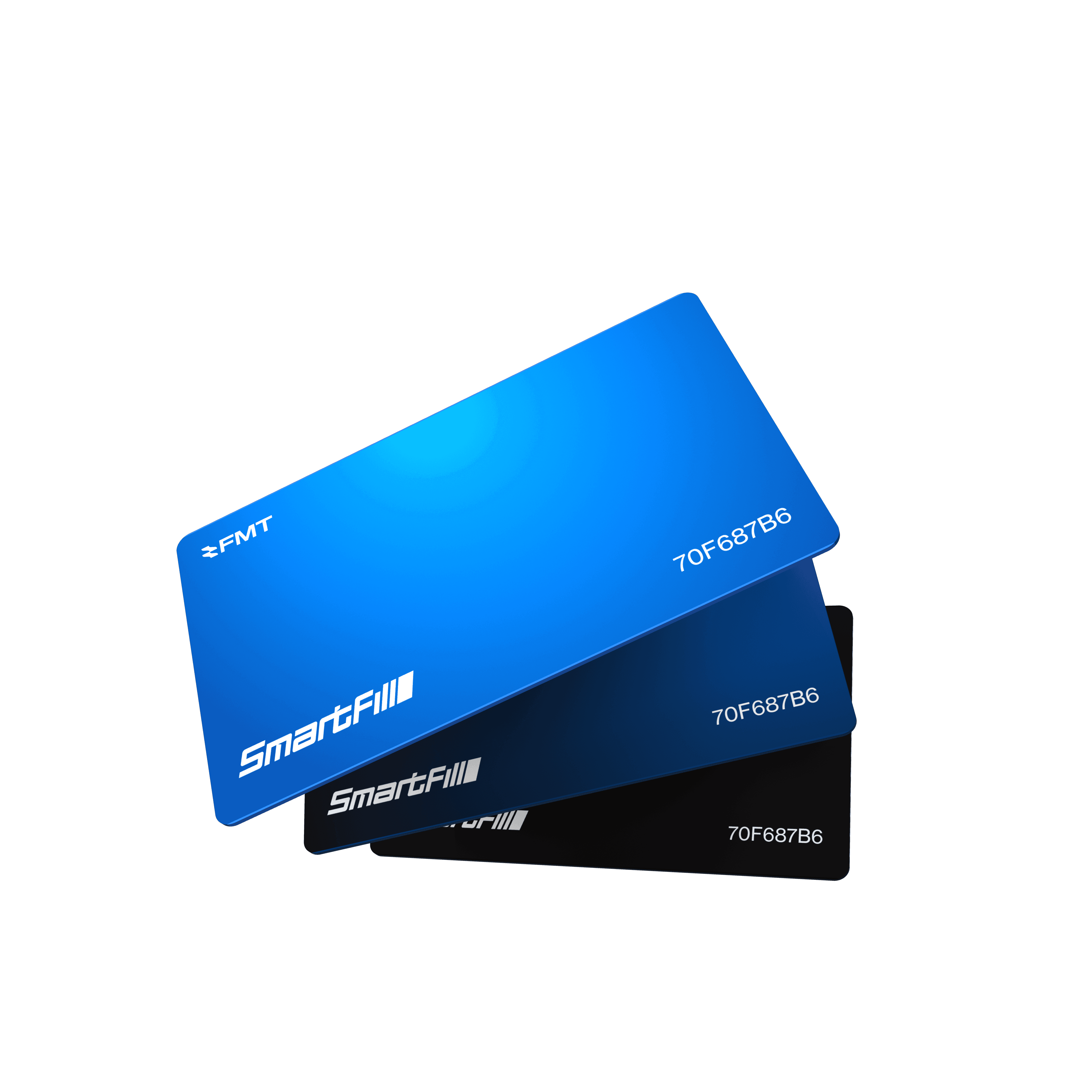 FMT's keycards in blue, dark blue and black, used for accessing FMT systems like the SmartFill and OPT