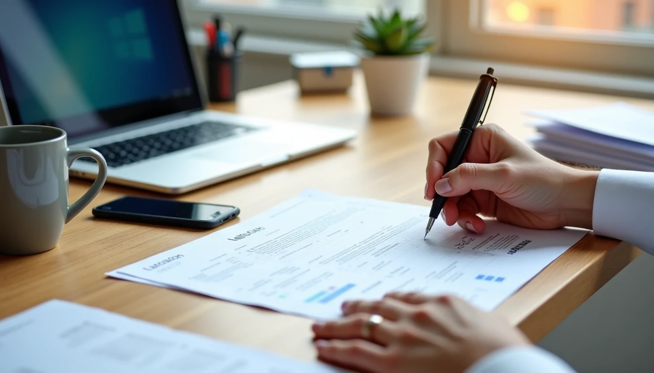 Person signing an invoice document at a wooden desk with a laptop, smartphone, and coffee mug nearby.