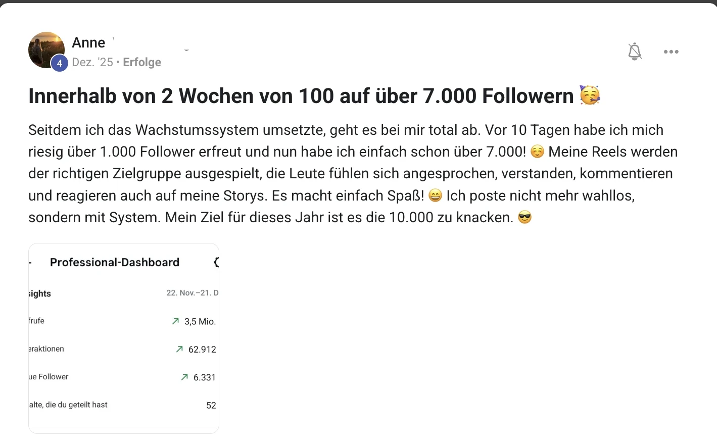 Kundenstimme KI Creator Akademie: Anne wächst in zwei Wochen von 100 auf über 7.000 Follower