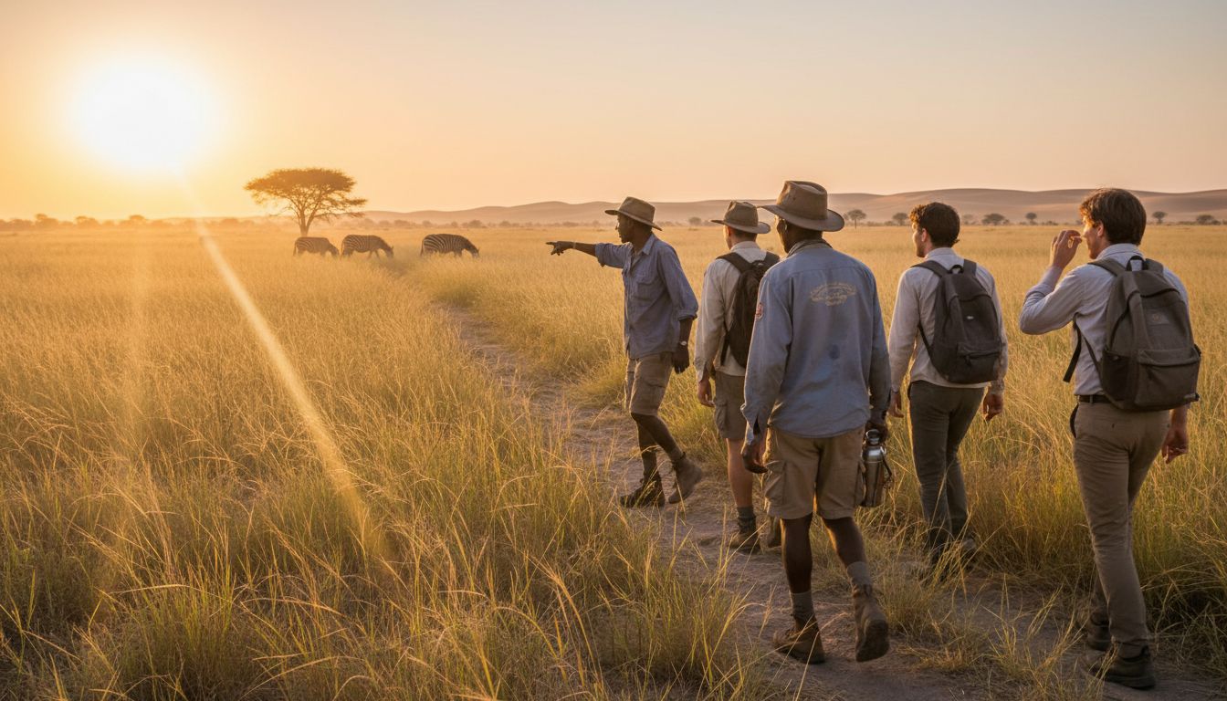 Group on foot during walking safari in wilderness