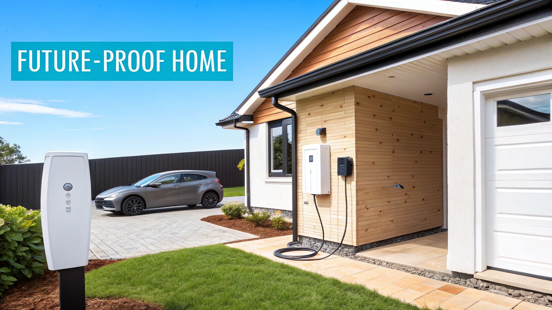 Future-proof home with an electric vehicle charging station, parked car, and outdoor electrical panel.