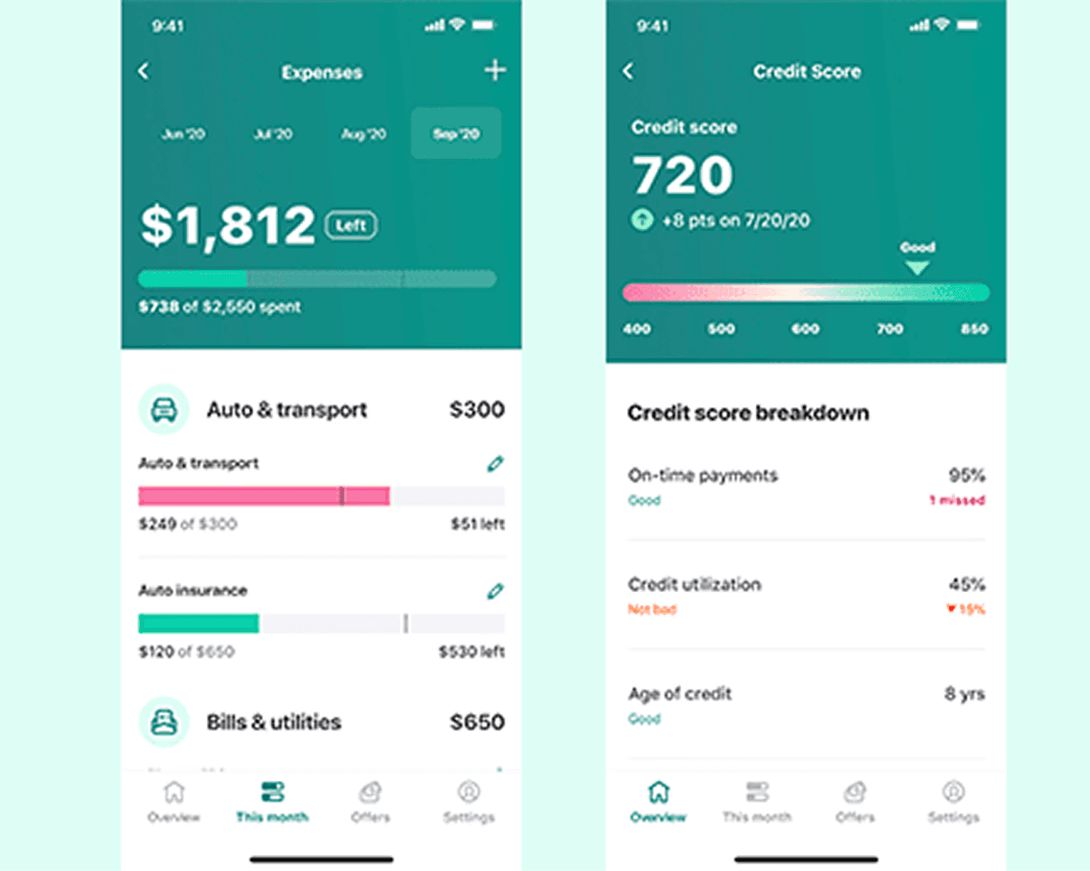 Two mockups of a teal color themed mobile app of budgeting services. 
