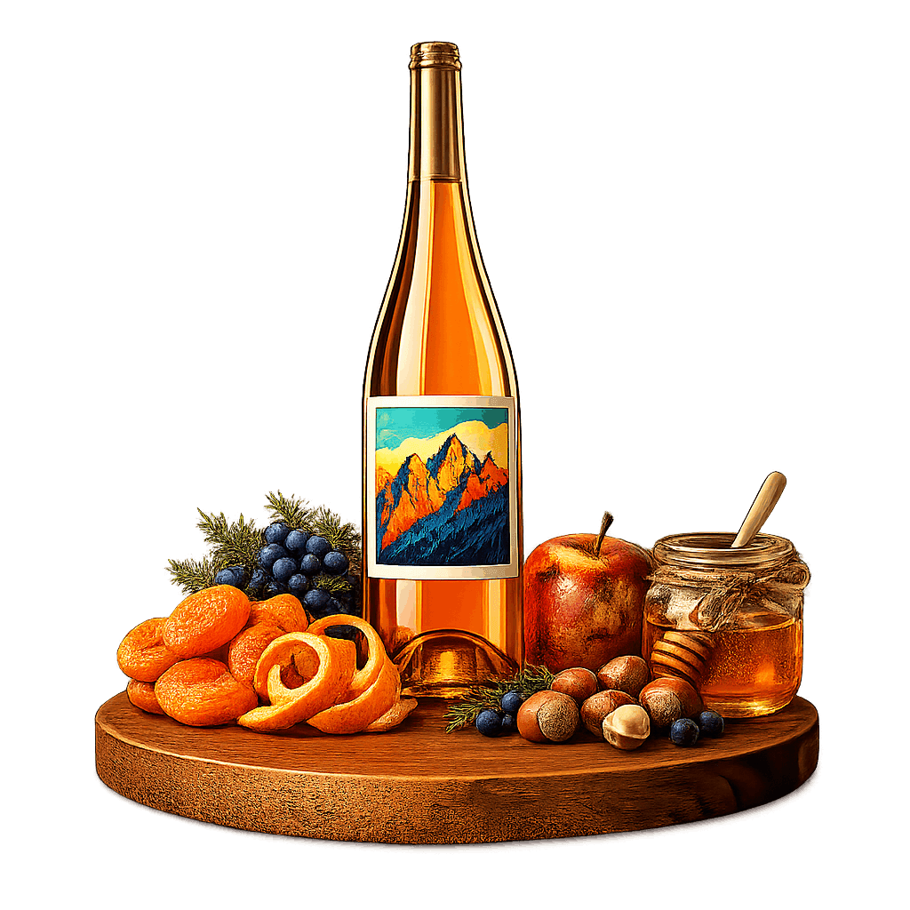 Artistic label and flavor profile for Friuli Orange Wine on a rustic wooden table.