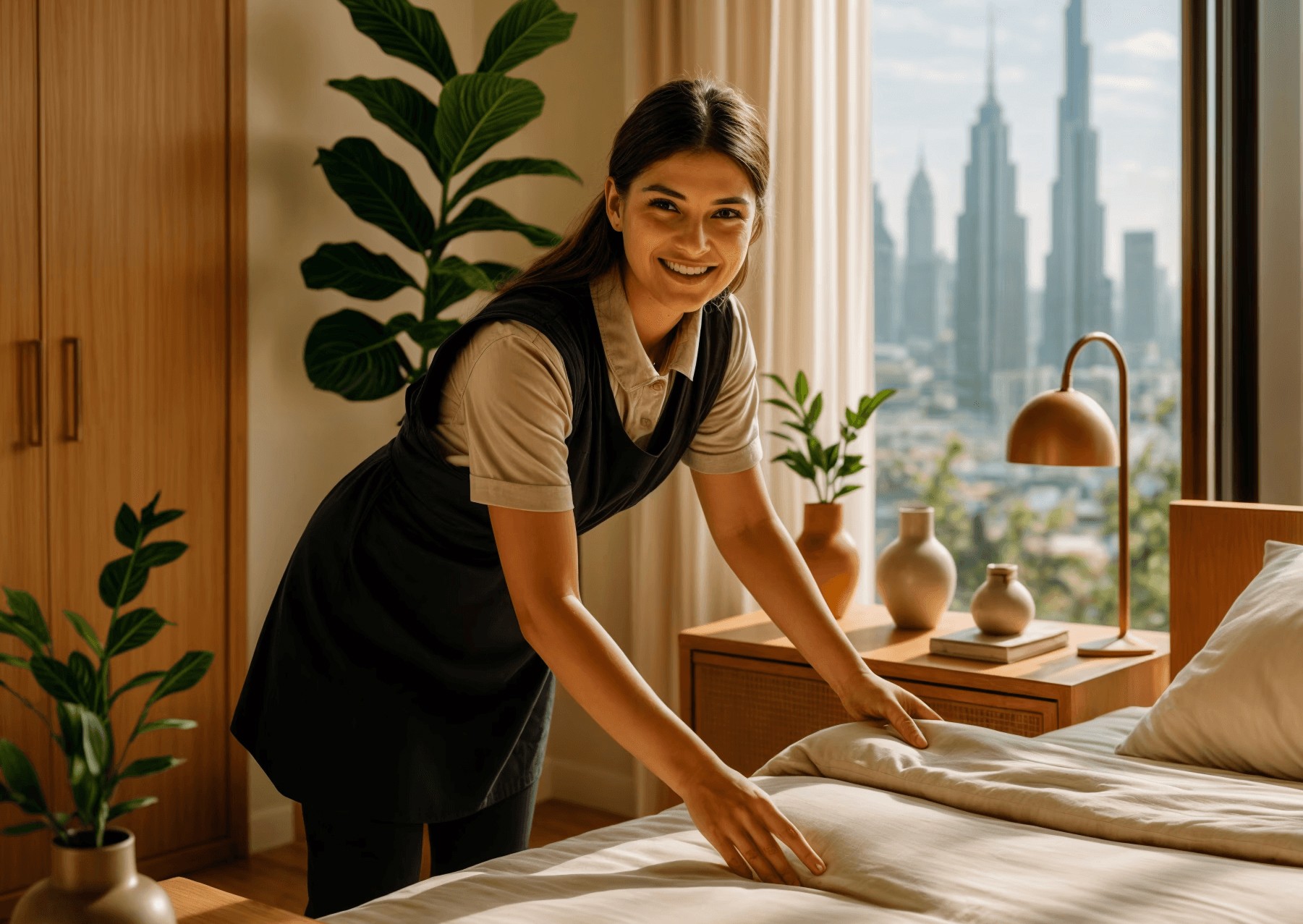 Housekeeper cleaning bed