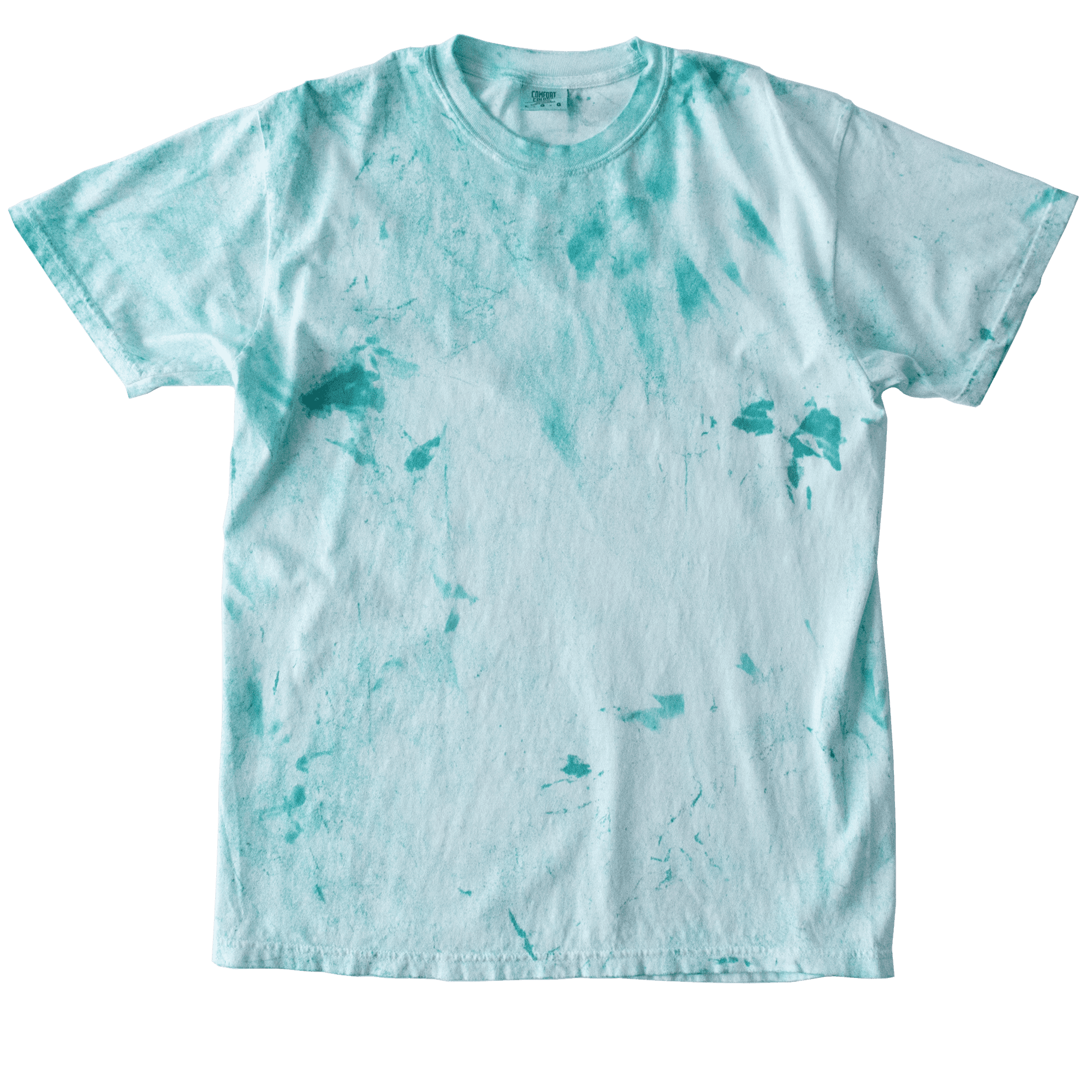 Teal tie-dye t-shirt. The shirt is light teal with darker teal splotches throughout.